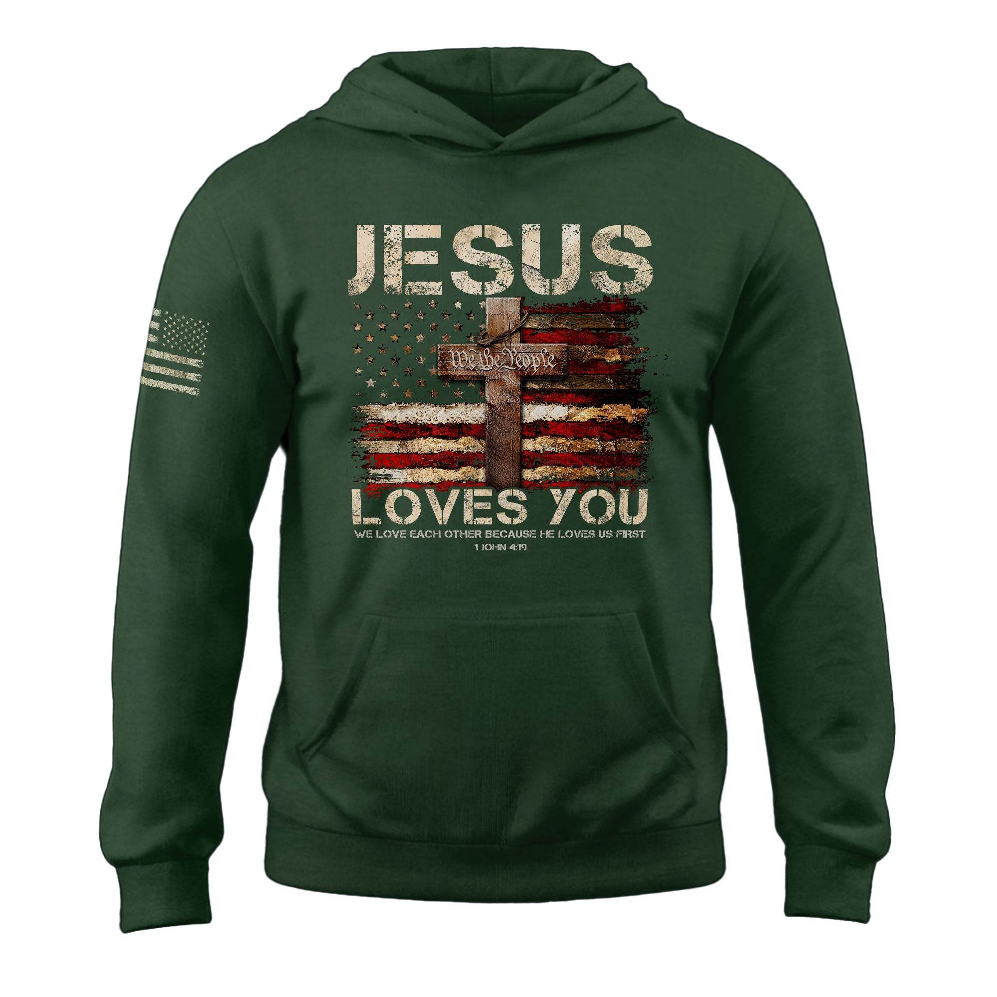 Jesus Loves You Hoodie – 1 John 4:19 Cross & We The People Flag - Rust Field Wear