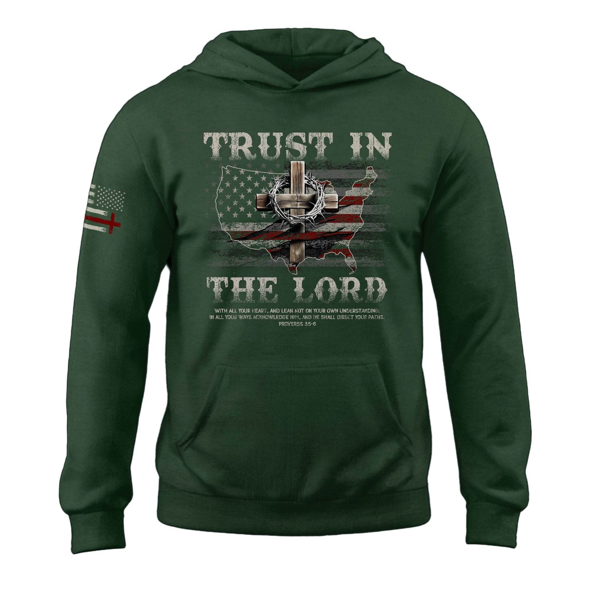 Trust in the Lord Hoodie – Proverbs 3:5-6 Cross & USA Flag Design - Rust Field Wear