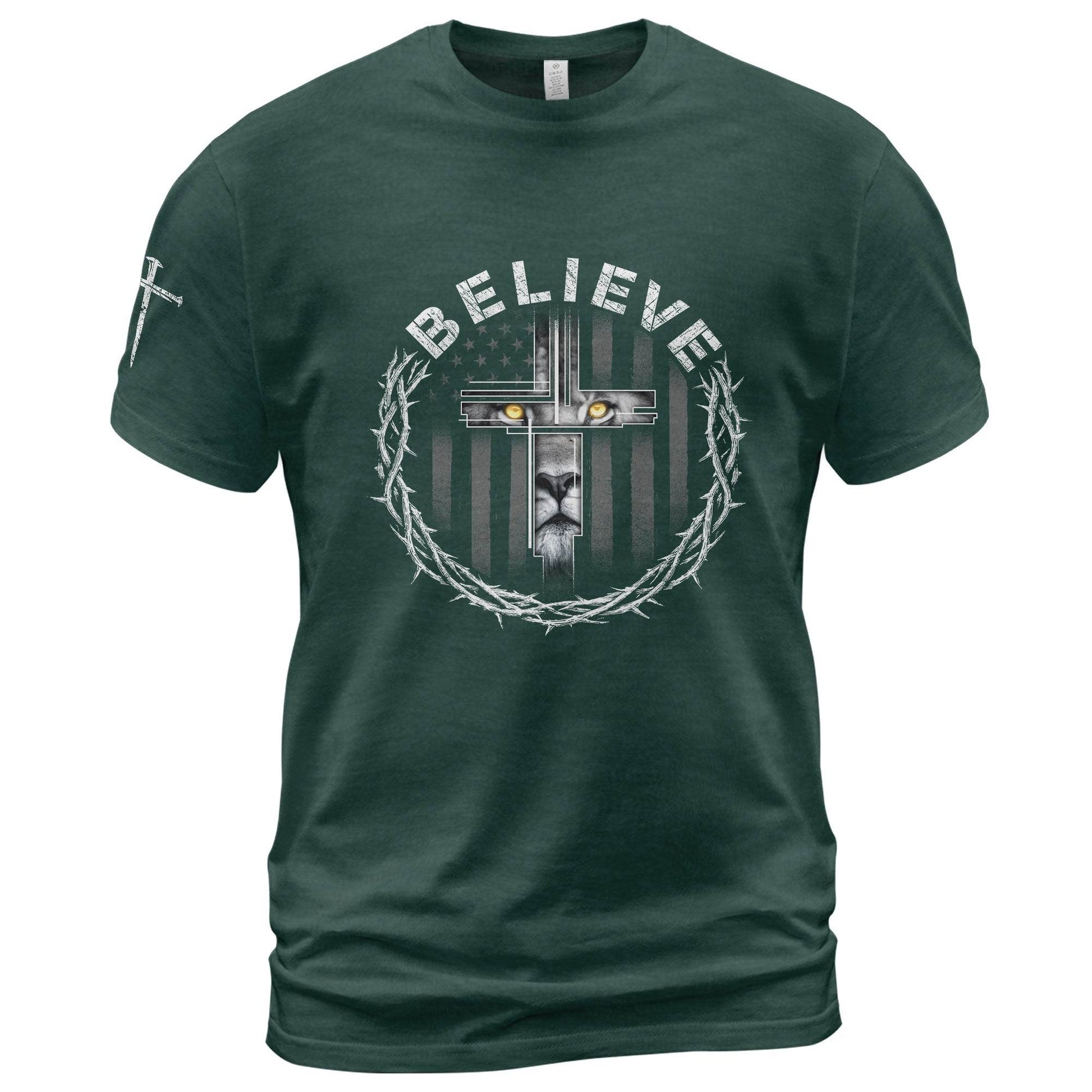 Believe Lion Cross Crown of Thorns Christian T-Shirt - Rust Field Wear