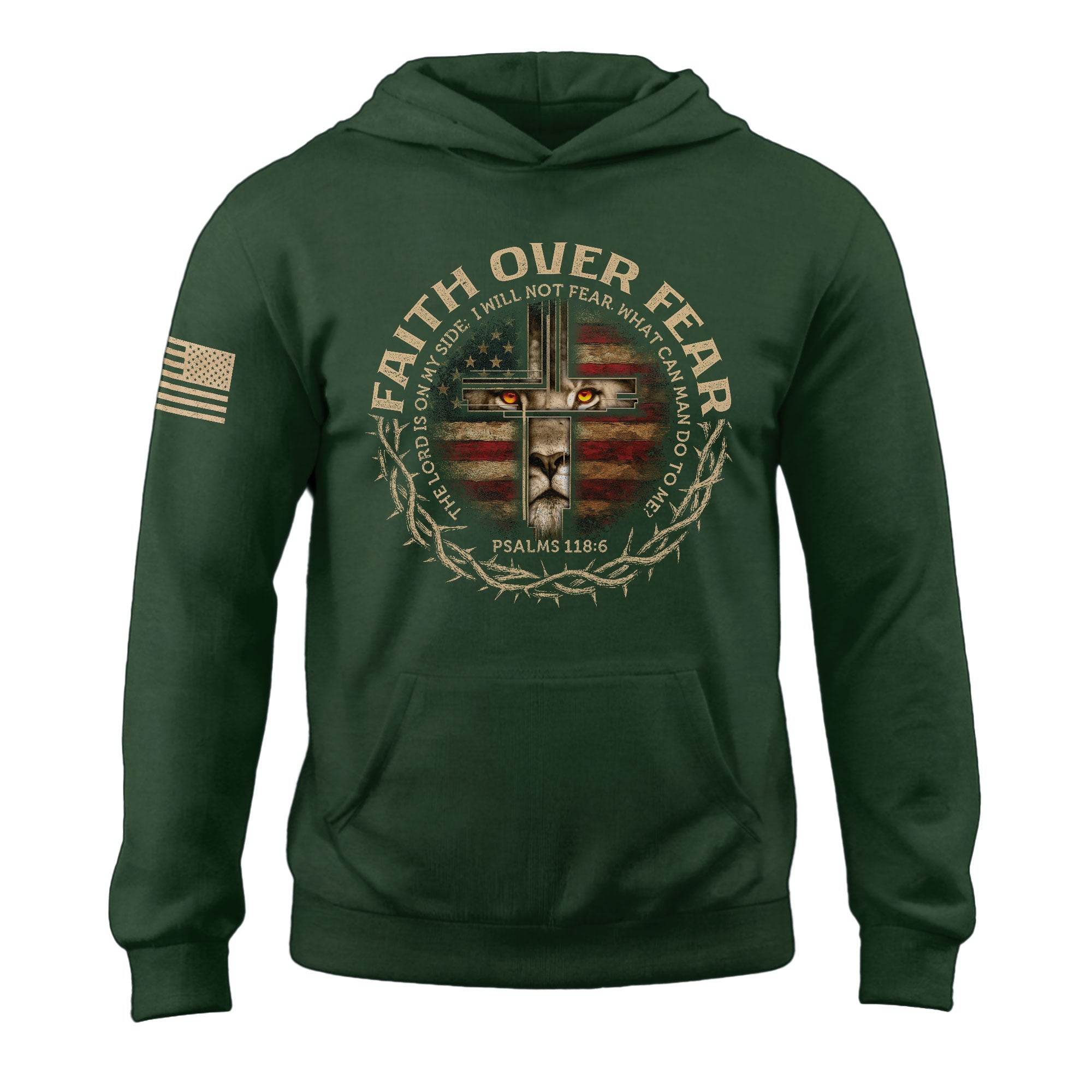 Faith Over Fear Lion Cross American Flag Hoodie - Rust Field Wear