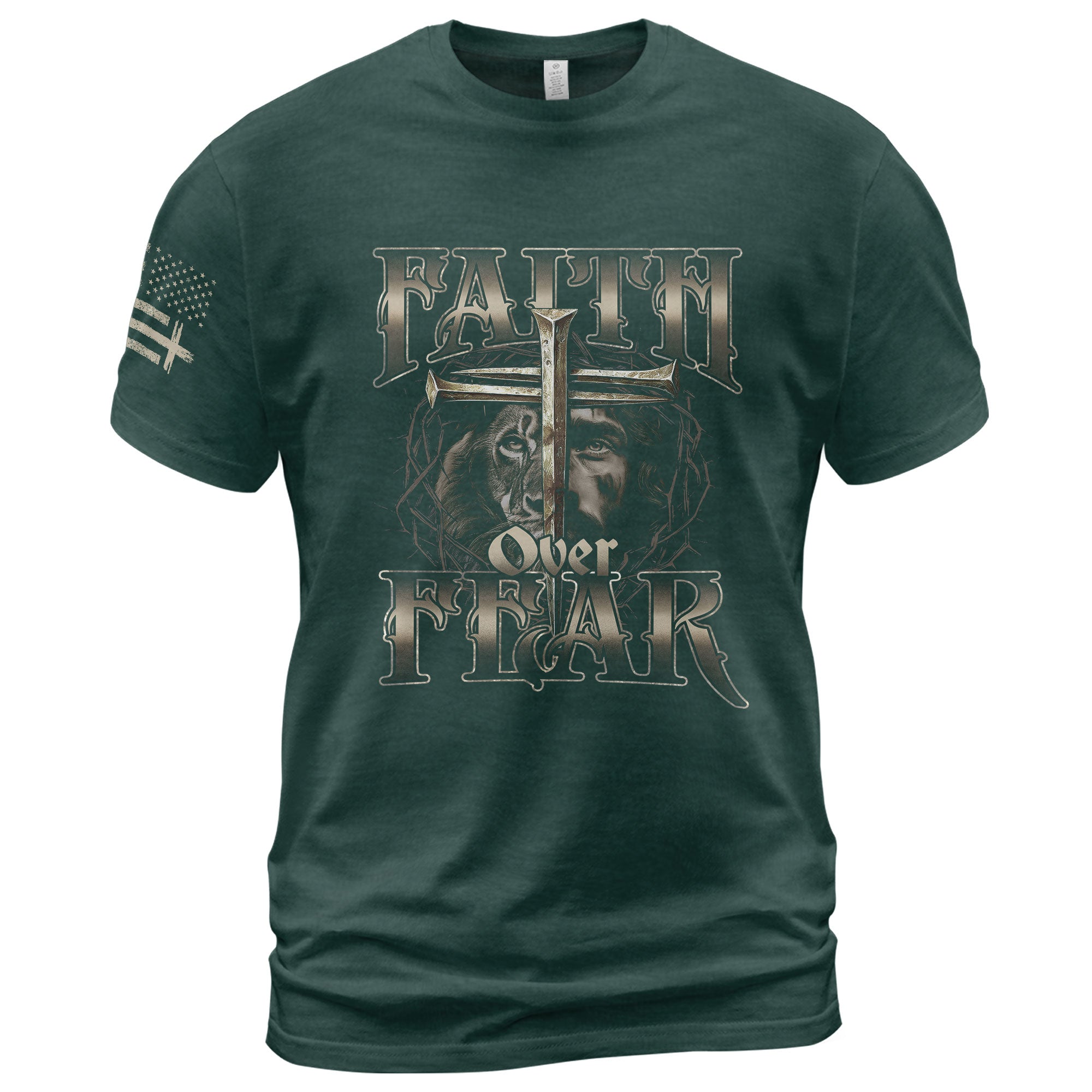 Faith Over Fear Christian T-Shirt Lion Jesus Cross Crown Design