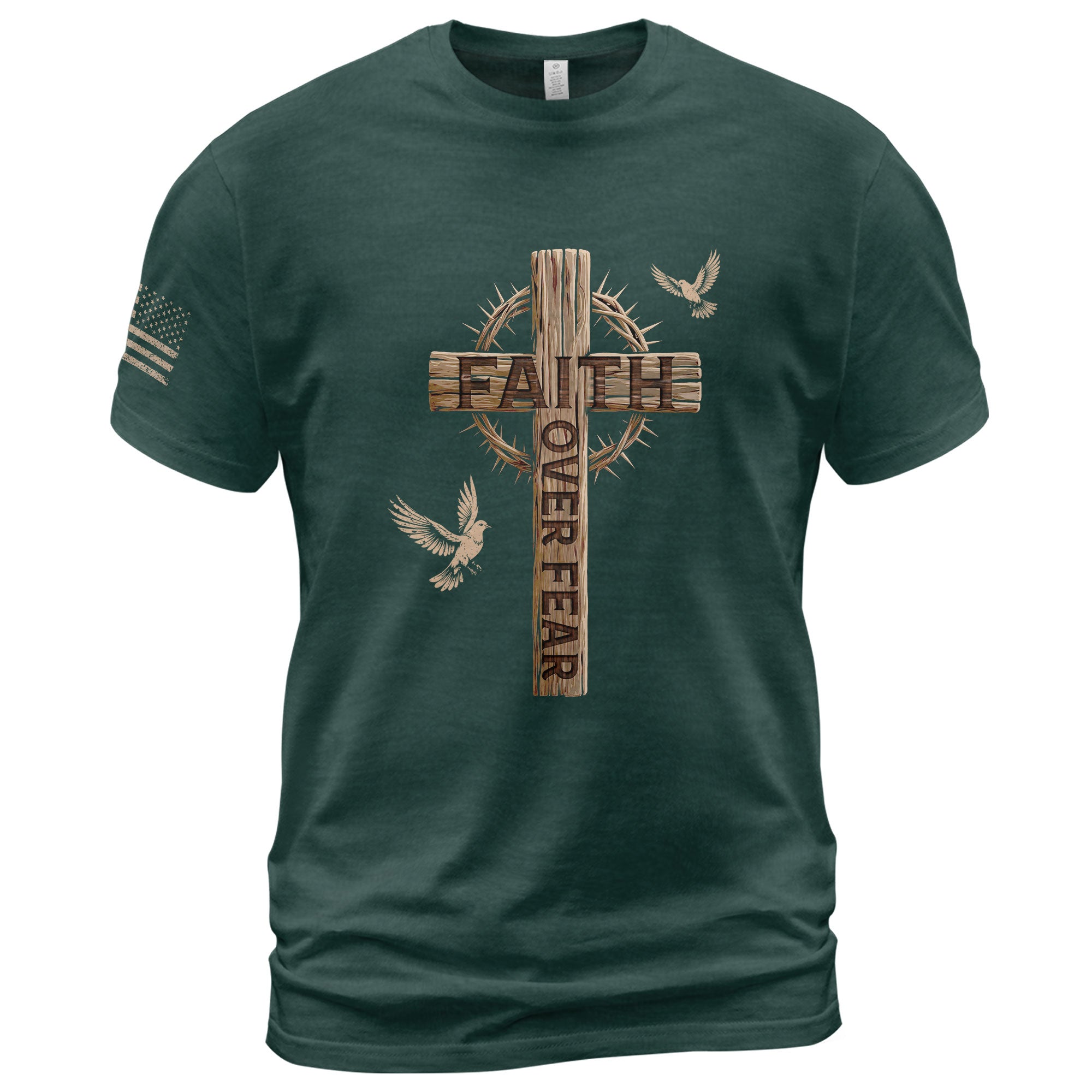 Faith Over Fear Christian T-Shirt Wooden Cross Crown of Thorns Design