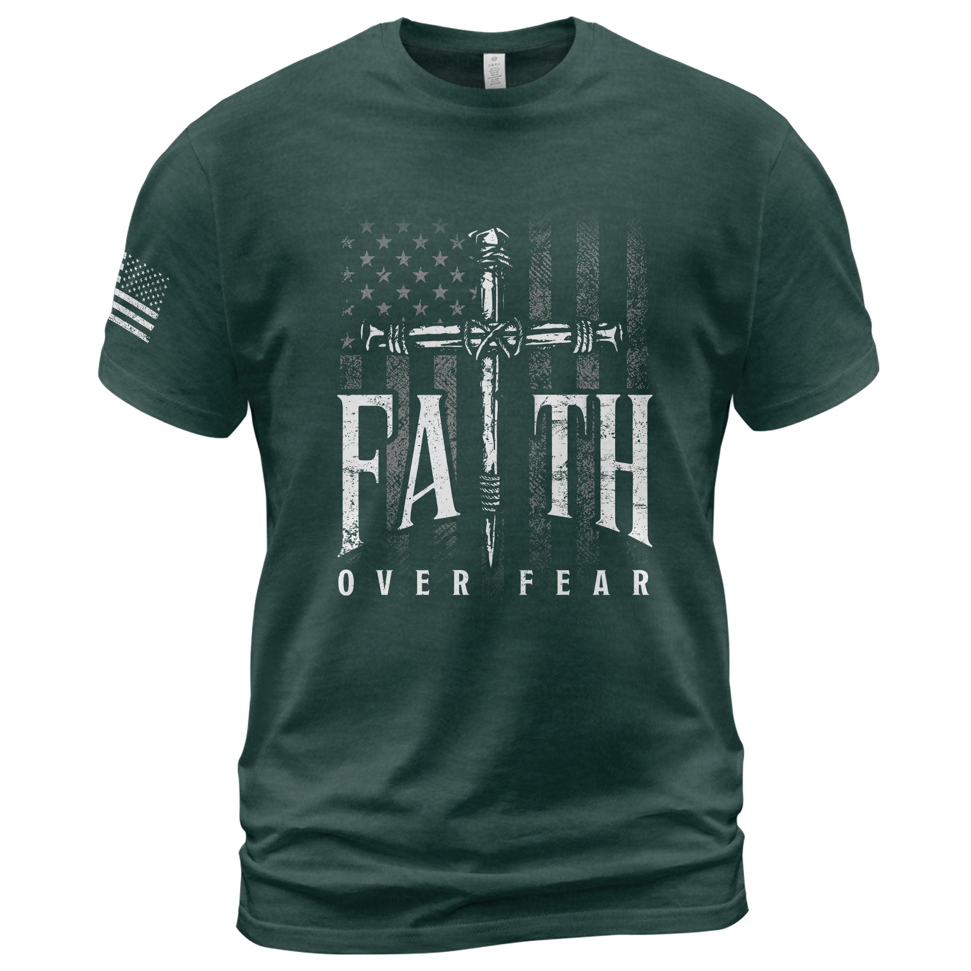 Faith Over Fear Christian T-Shirt American Flag Cross Sword Design