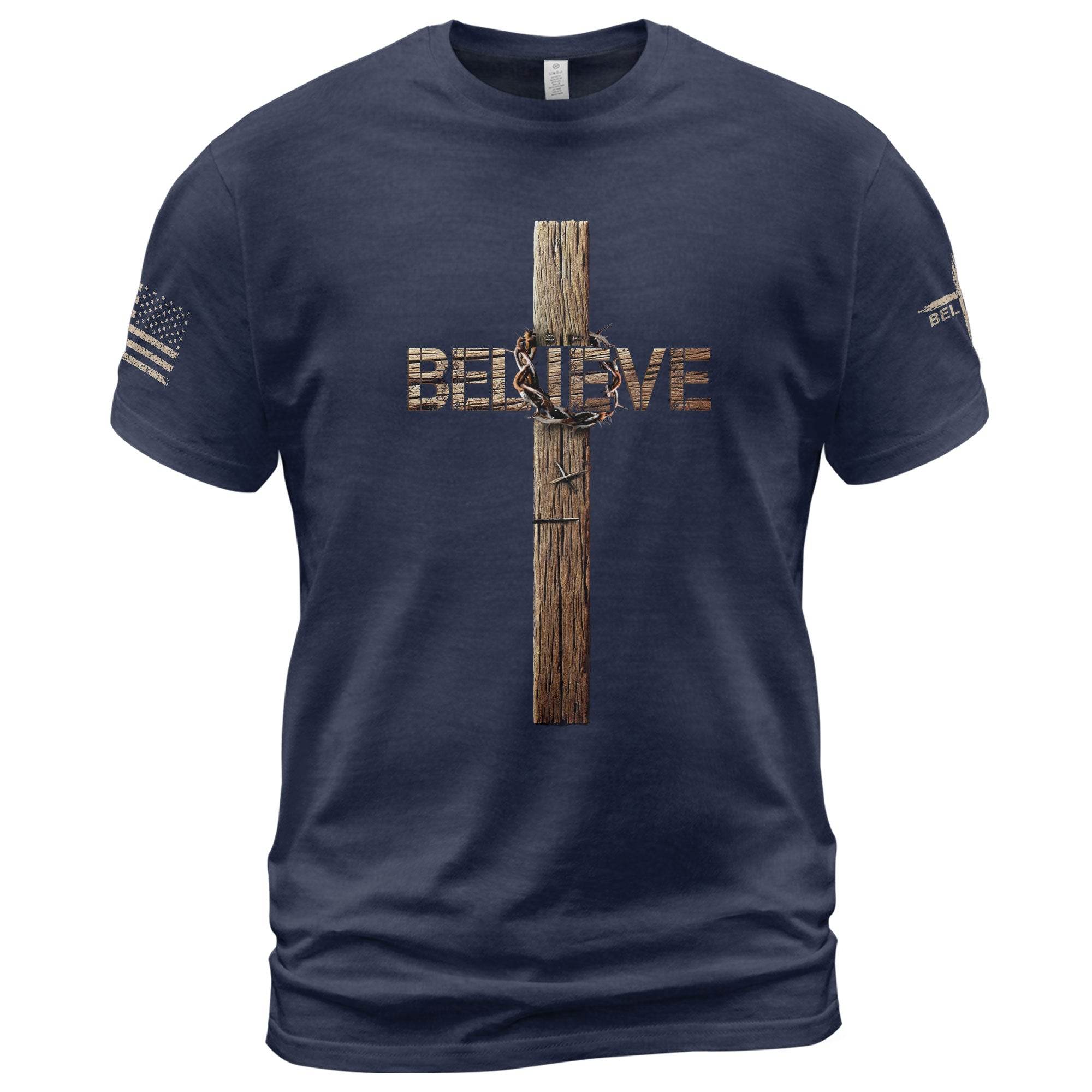 Believe Cross Crown Of Thorns Christian T-shirt - Rust Field Wear