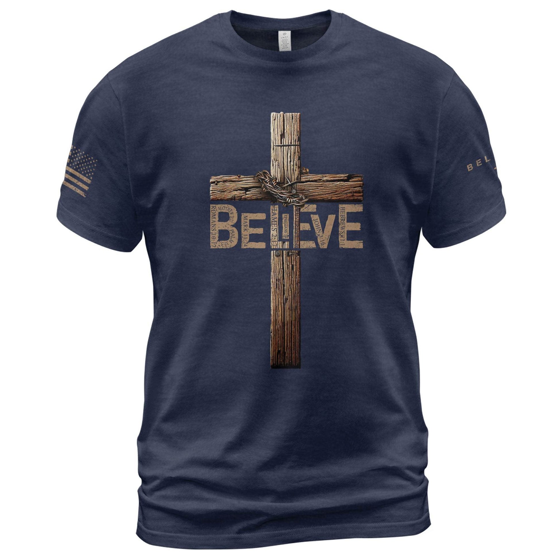 Believe In The Cross – Rustic Wood Christian T-shirt - Rust Field Wear