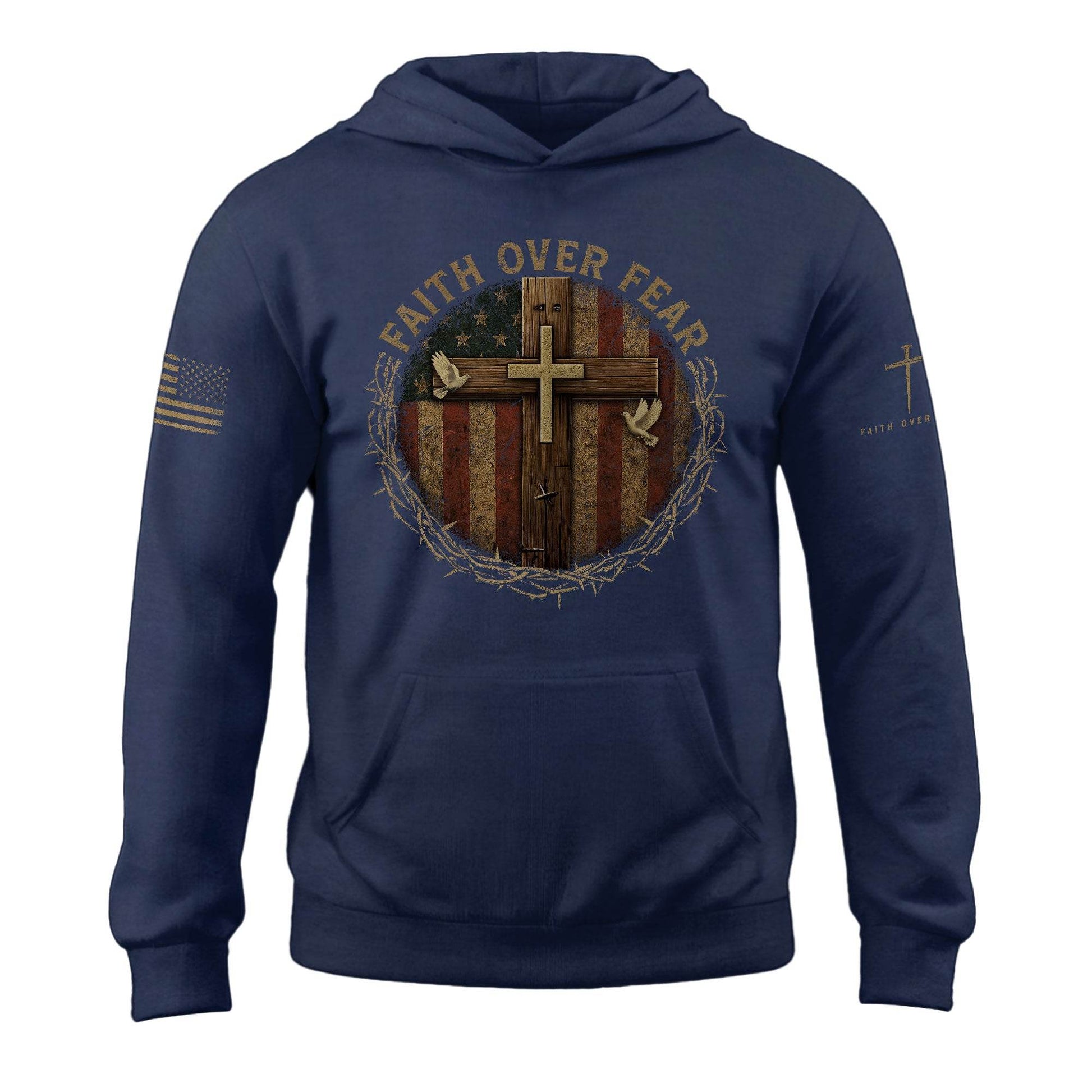 Faith Over Fear Cross And American Flag Christian Hoodie - Rust Field Wear