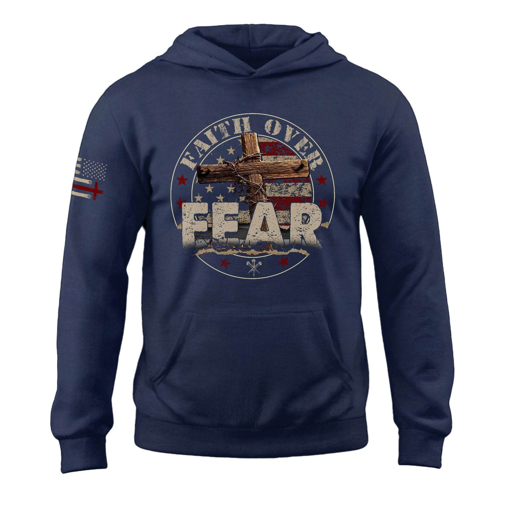 Faith Over Fear Christian Hoodie – Bold Cross & Flag Design - Rust Field Wear