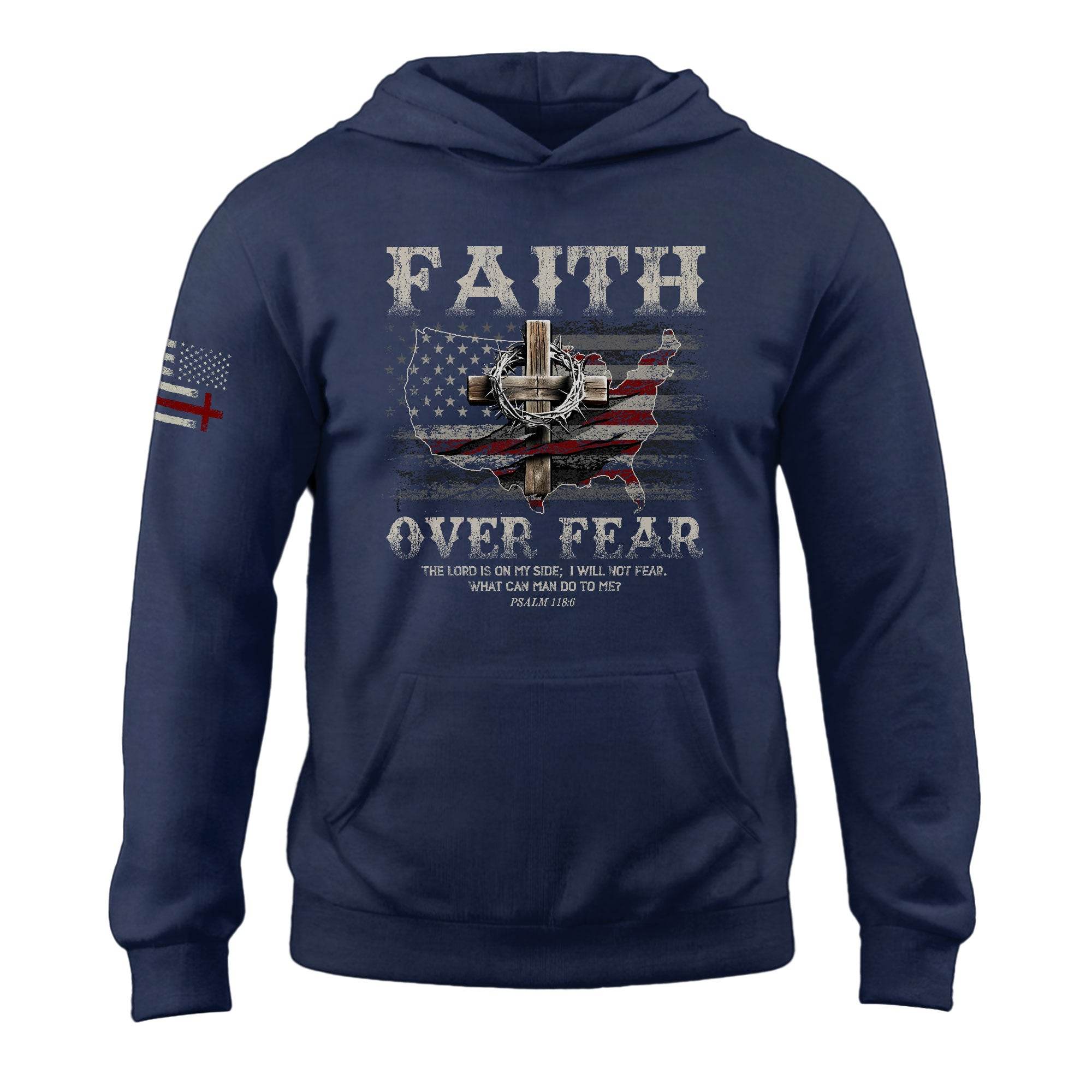 Faith Over Fear Christian Hoodie – Psalm 118:6 Cross & Flag - Rust Field Wear