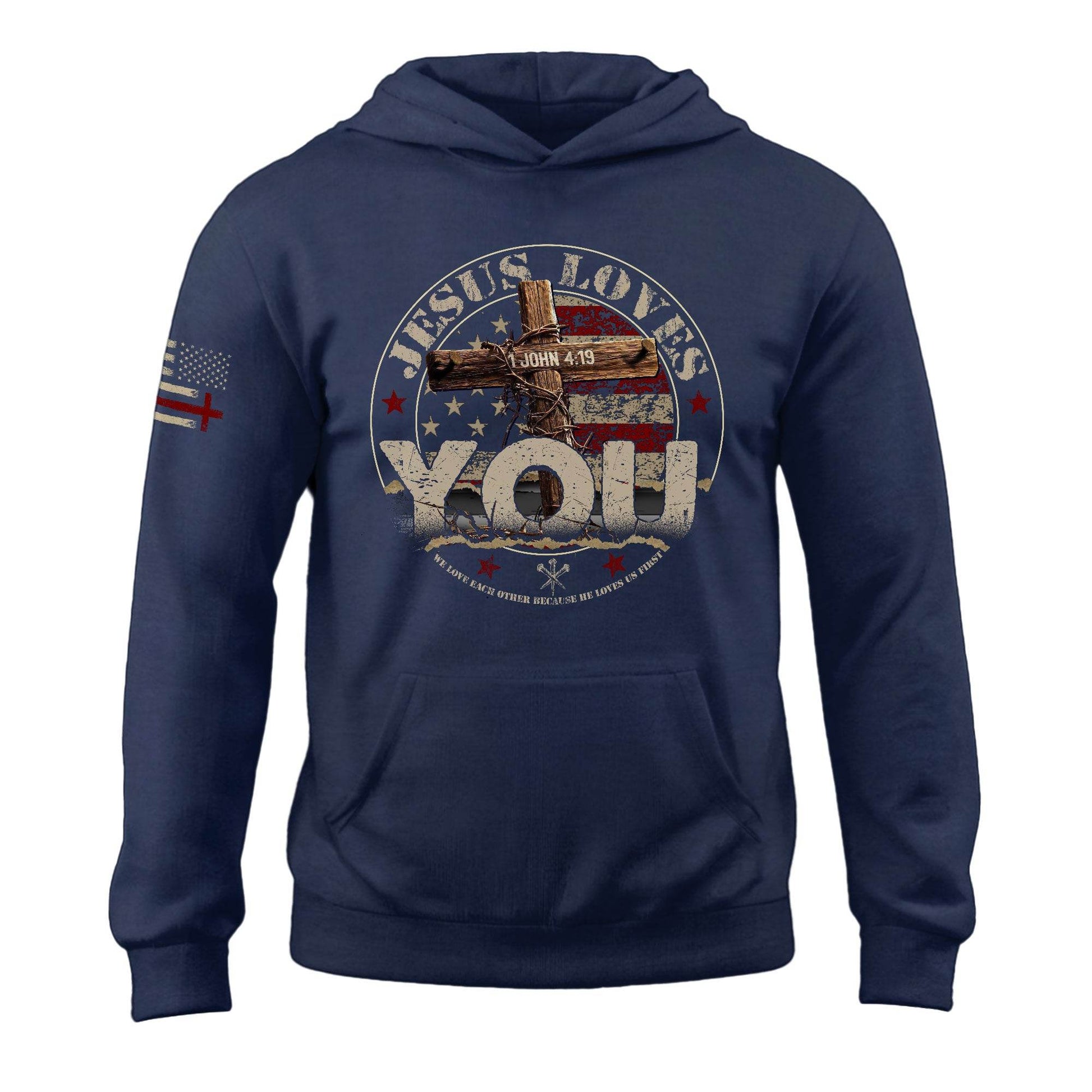 Jesus Loves You Hoodie – 1 John 4:19 Cross & American Flag - Rust Field Wear