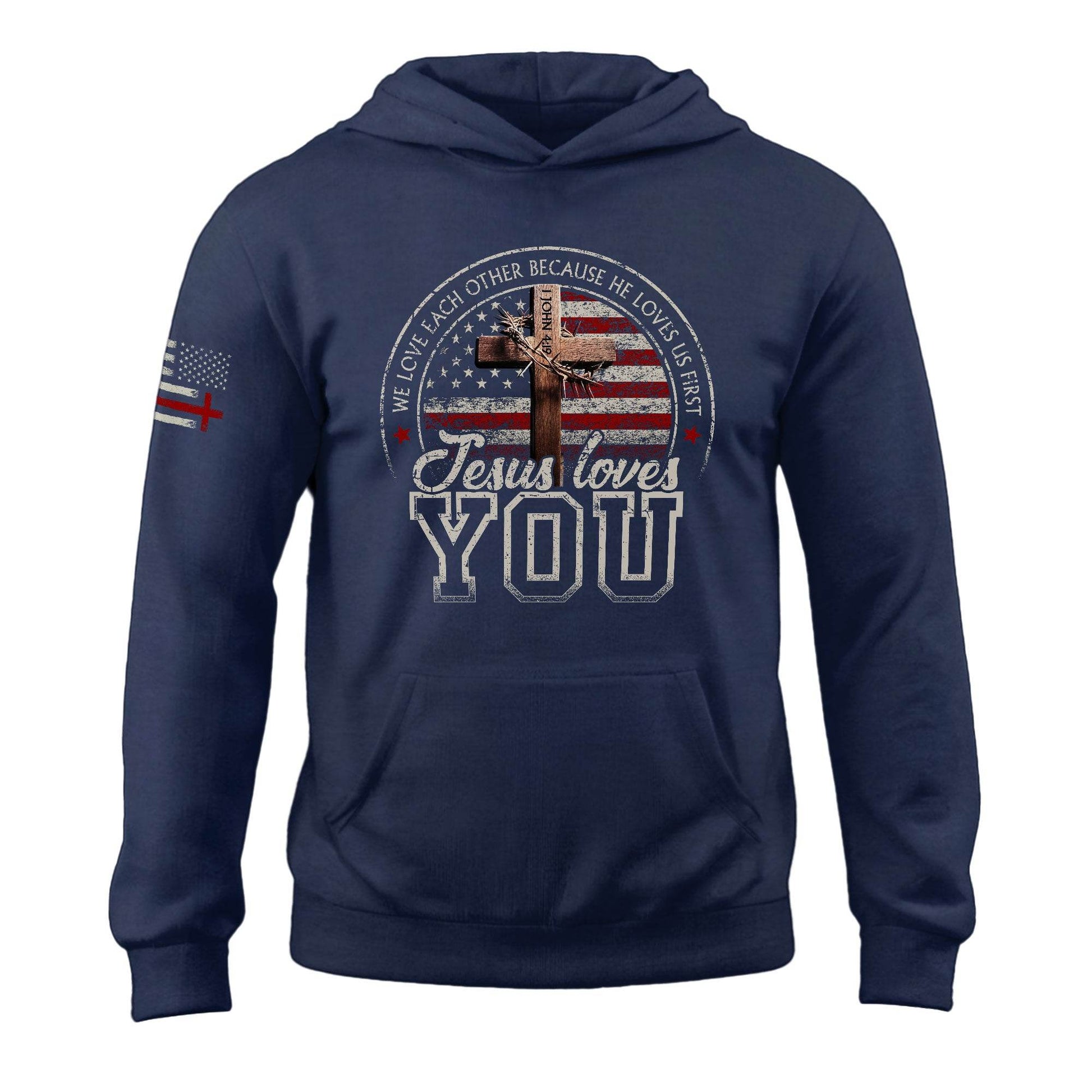 Jesus Loves You Hoodie – 1 John 4:19 Cross & Flag Graphic - Rust Field Wear