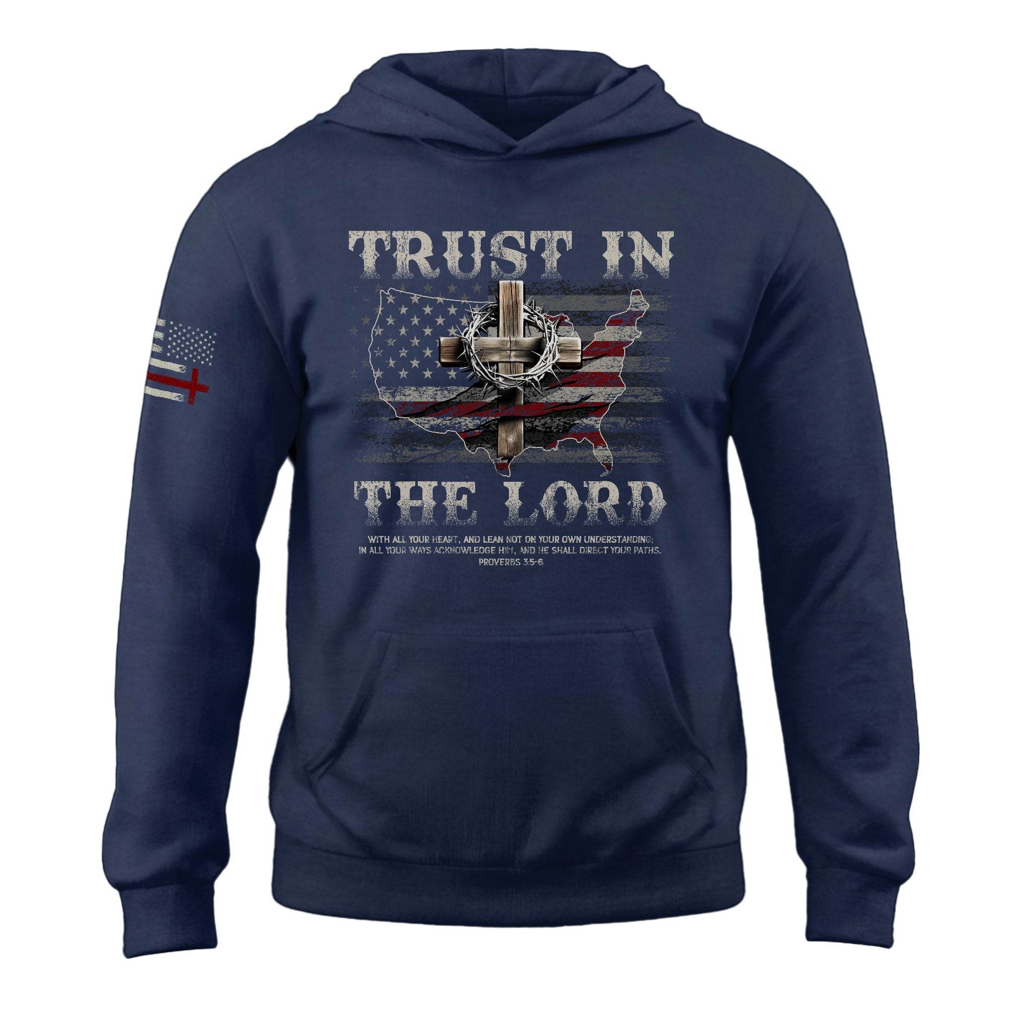 Trust in the Lord Hoodie – Proverbs 3:5-6 Cross & USA Flag Design - Rust Field Wear