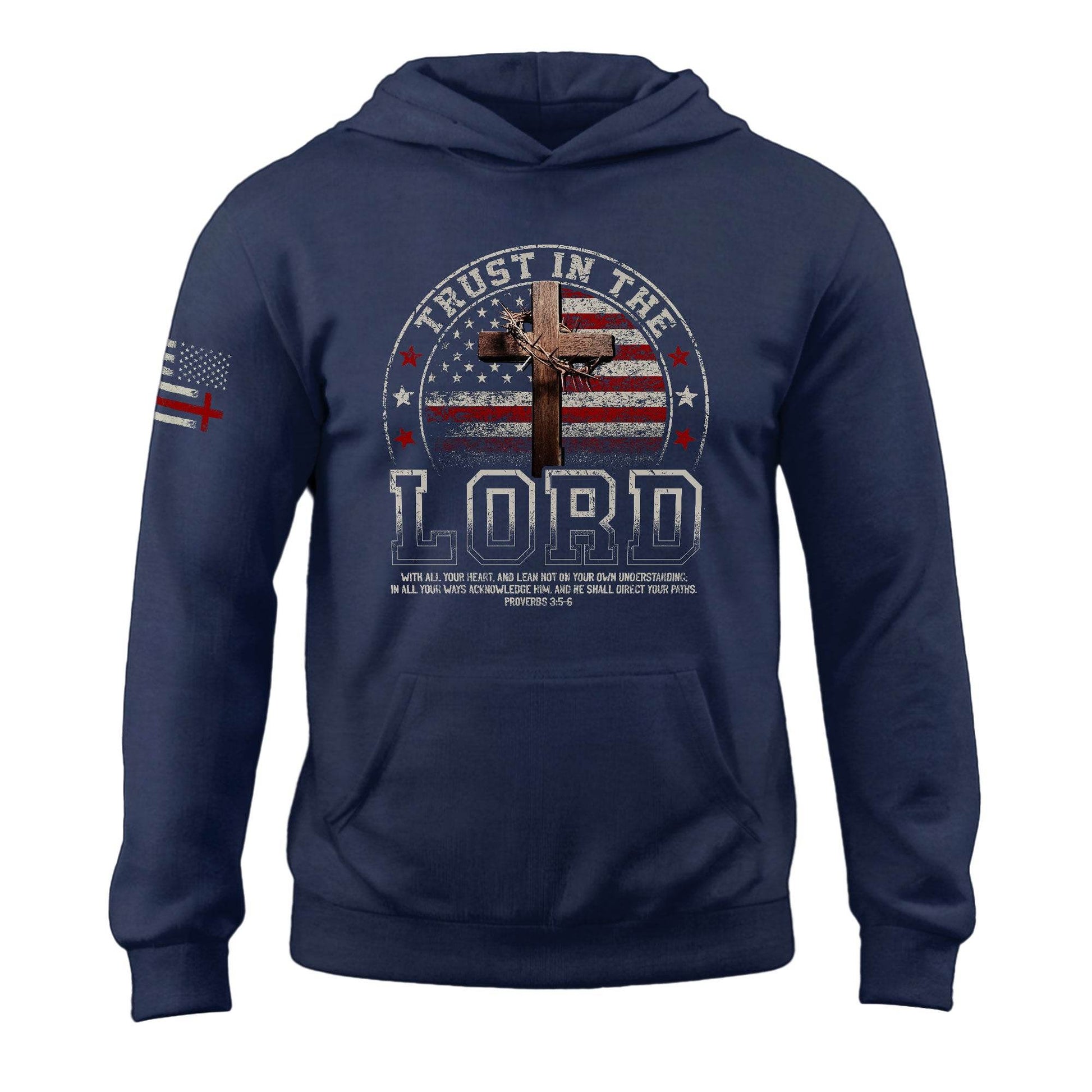 Trust in the Lord Hoodie – Proverbs 3:5-6 Cross & Flag Graphic - Rust Field Wear