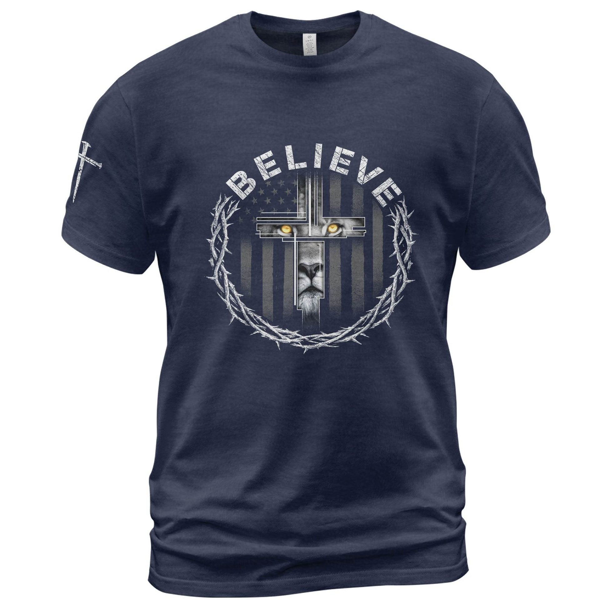 Believe Lion Cross Crown of Thorns Christian T-Shirt - Rust Field Wear