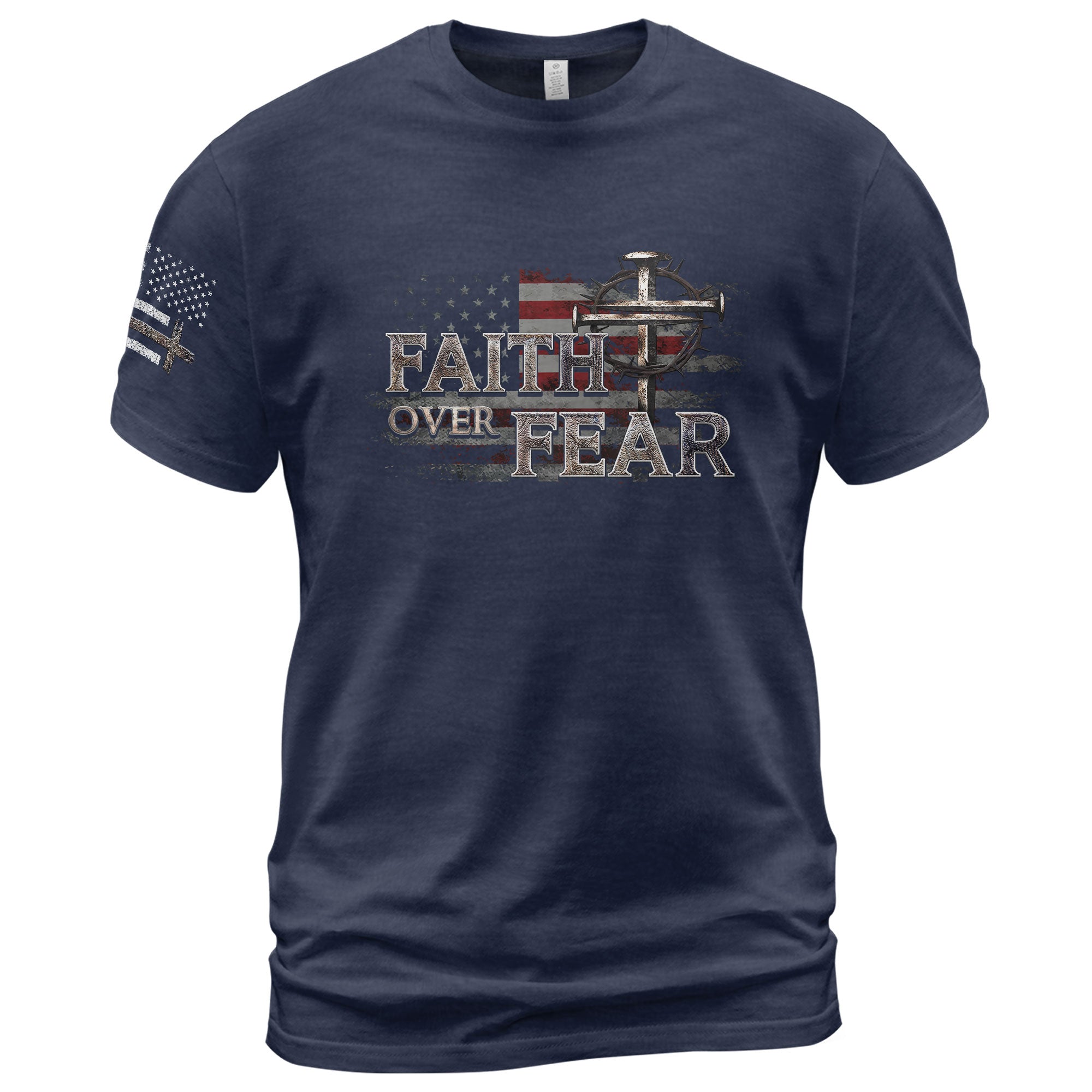 Faith Over Fear Christian T-Shirt American Flag Cross Shield Design