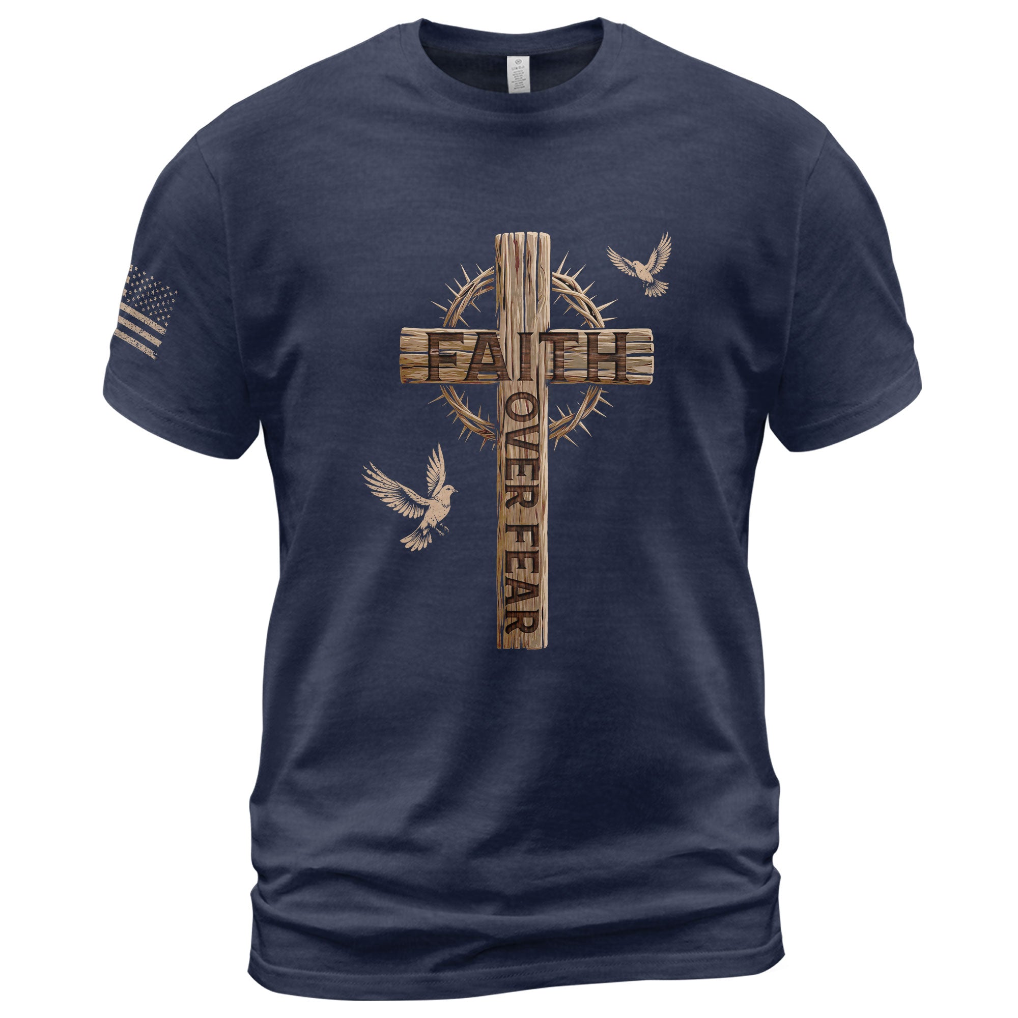 Faith Over Fear Christian T-Shirt Wooden Cross Crown of Thorns Design