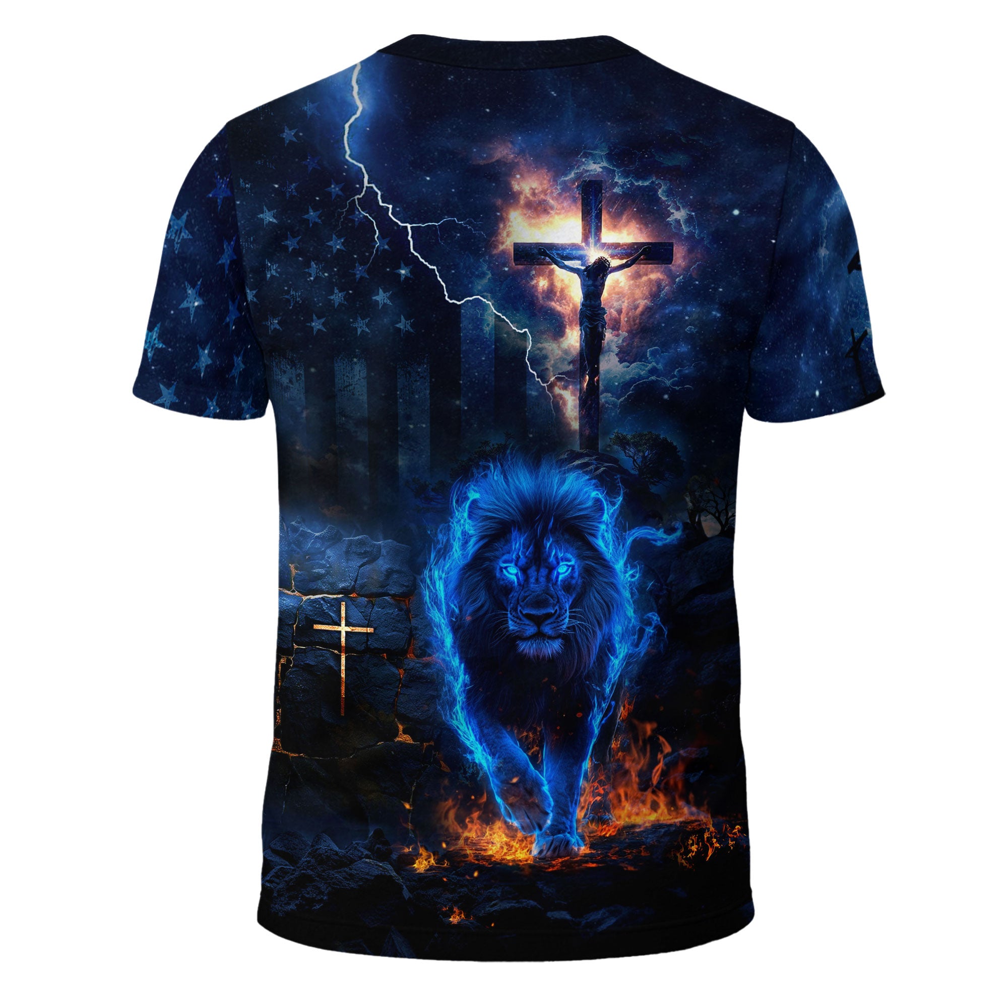 Faith Over Fear Blue Fire Lion And Crucifixion T-Shirt