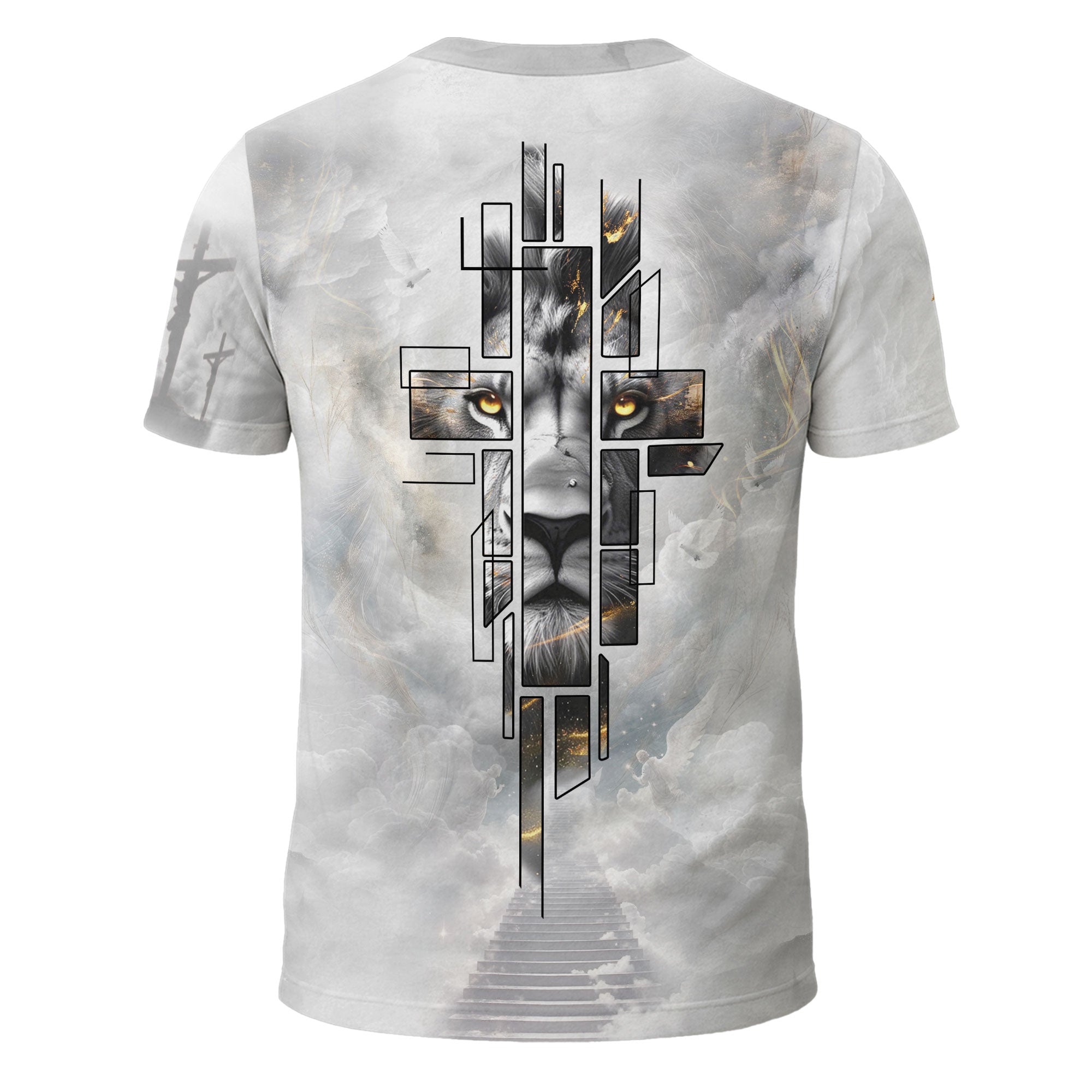 Faith Over Fear Christian T-Shirt Lion Cross White Heaven Design