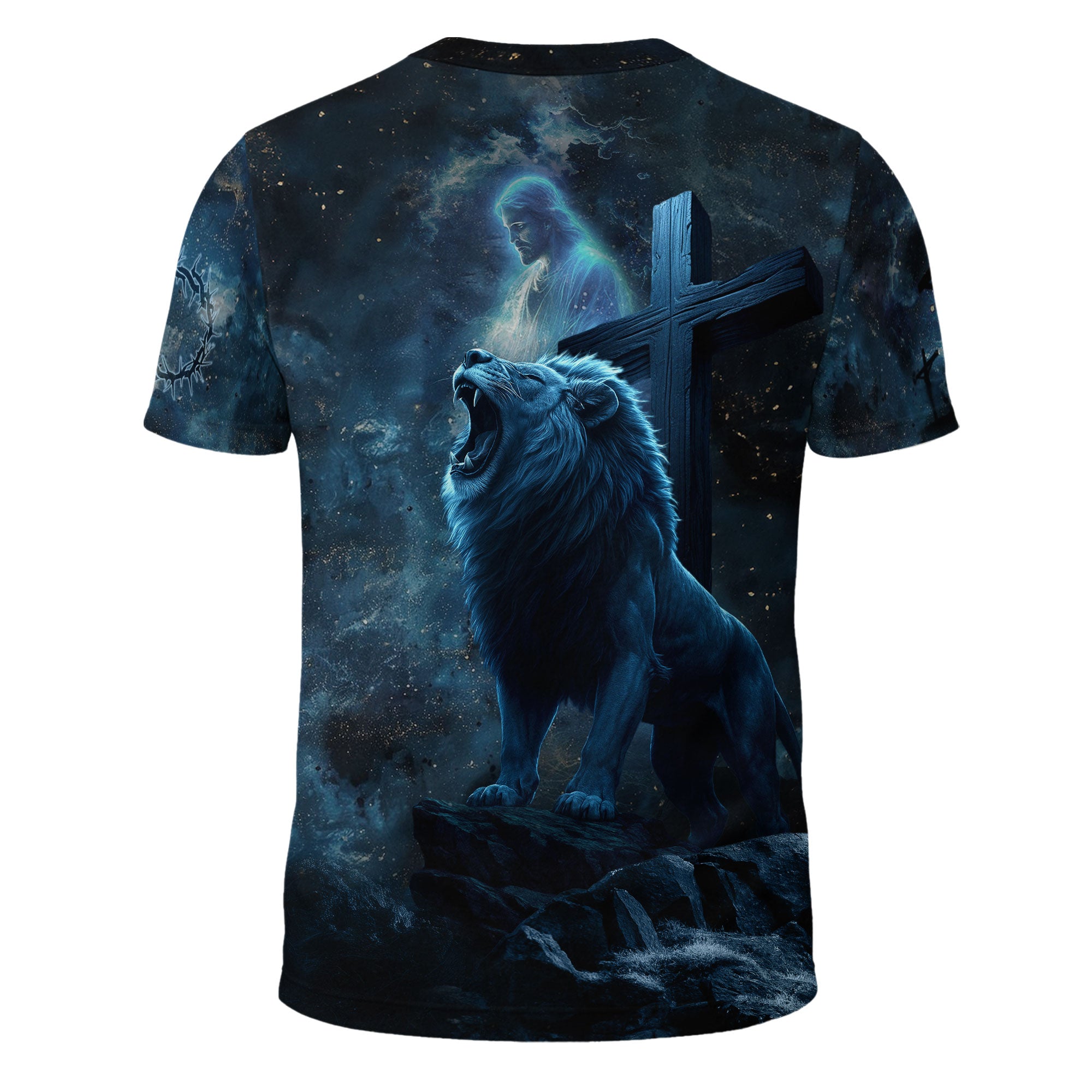 Redeemed Christian T-Shirt Lion Warrior Cross Blue Night Design