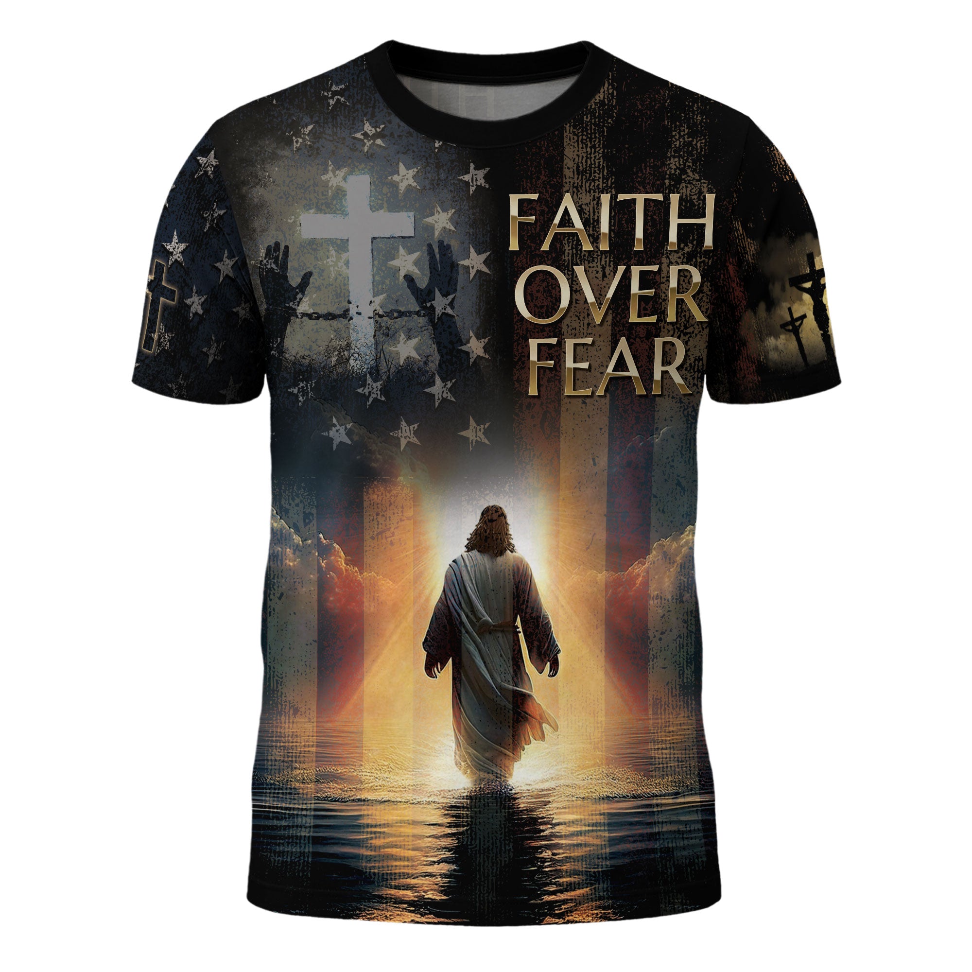 Faith Over Fear Jesus Walks On Water Christian Patriotic T-Shirt