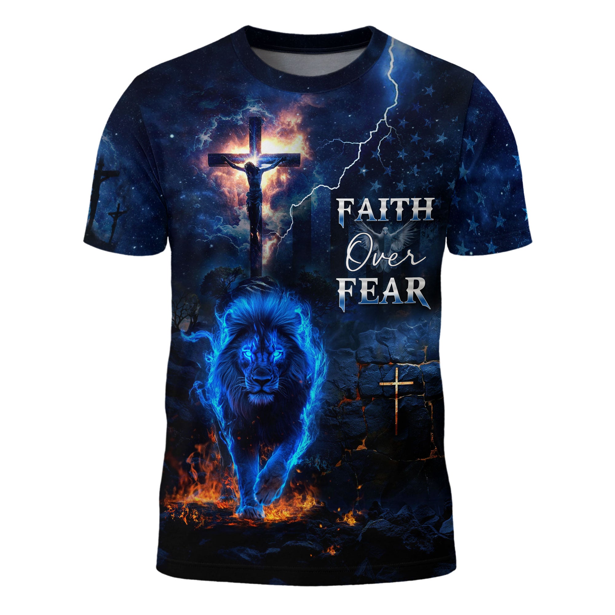 Faith Over Fear Blue Fire Lion And Crucifixion T-Shirt