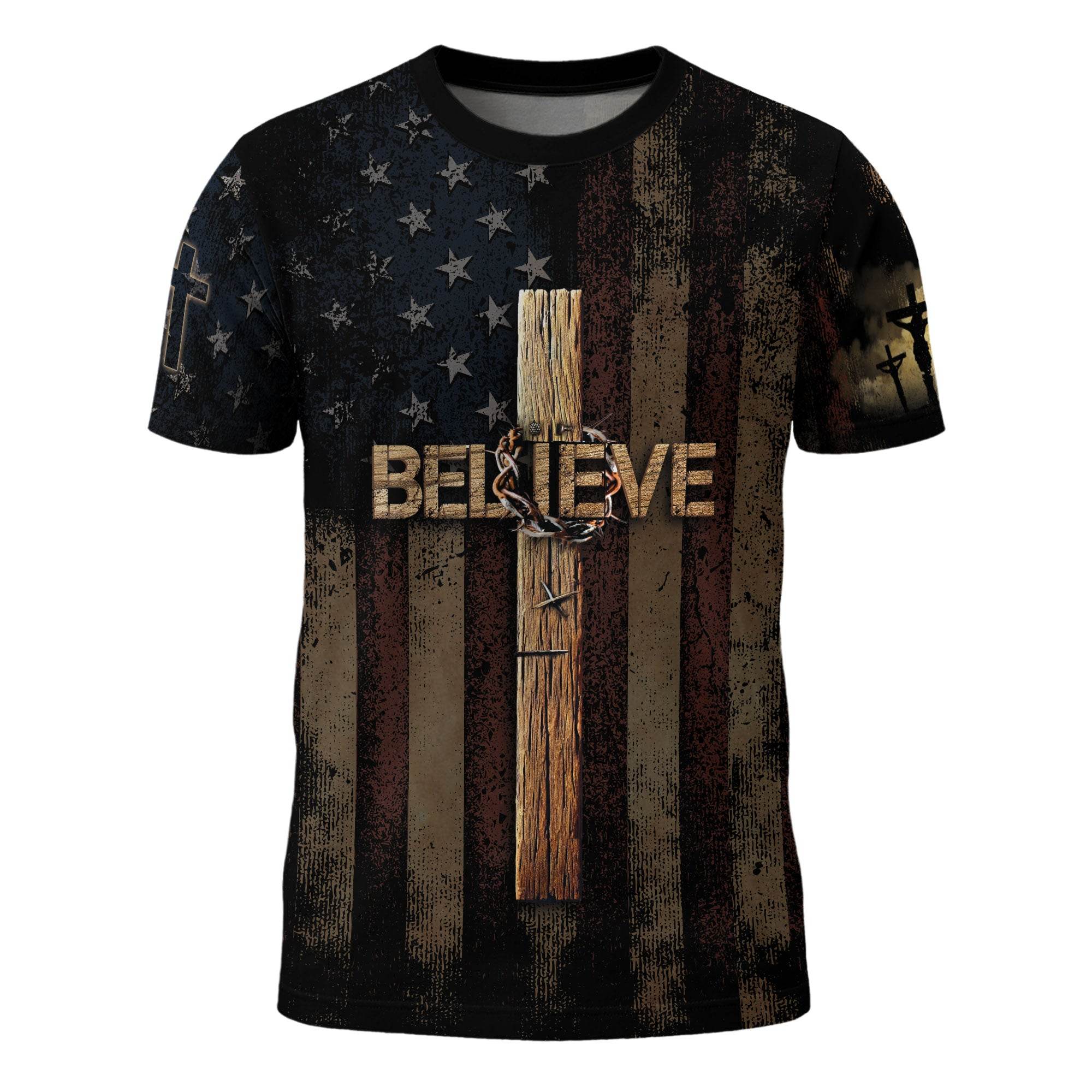 Believe in the Cross | American Christian Faith Tee with Crucified Savior - Rust Field Wear