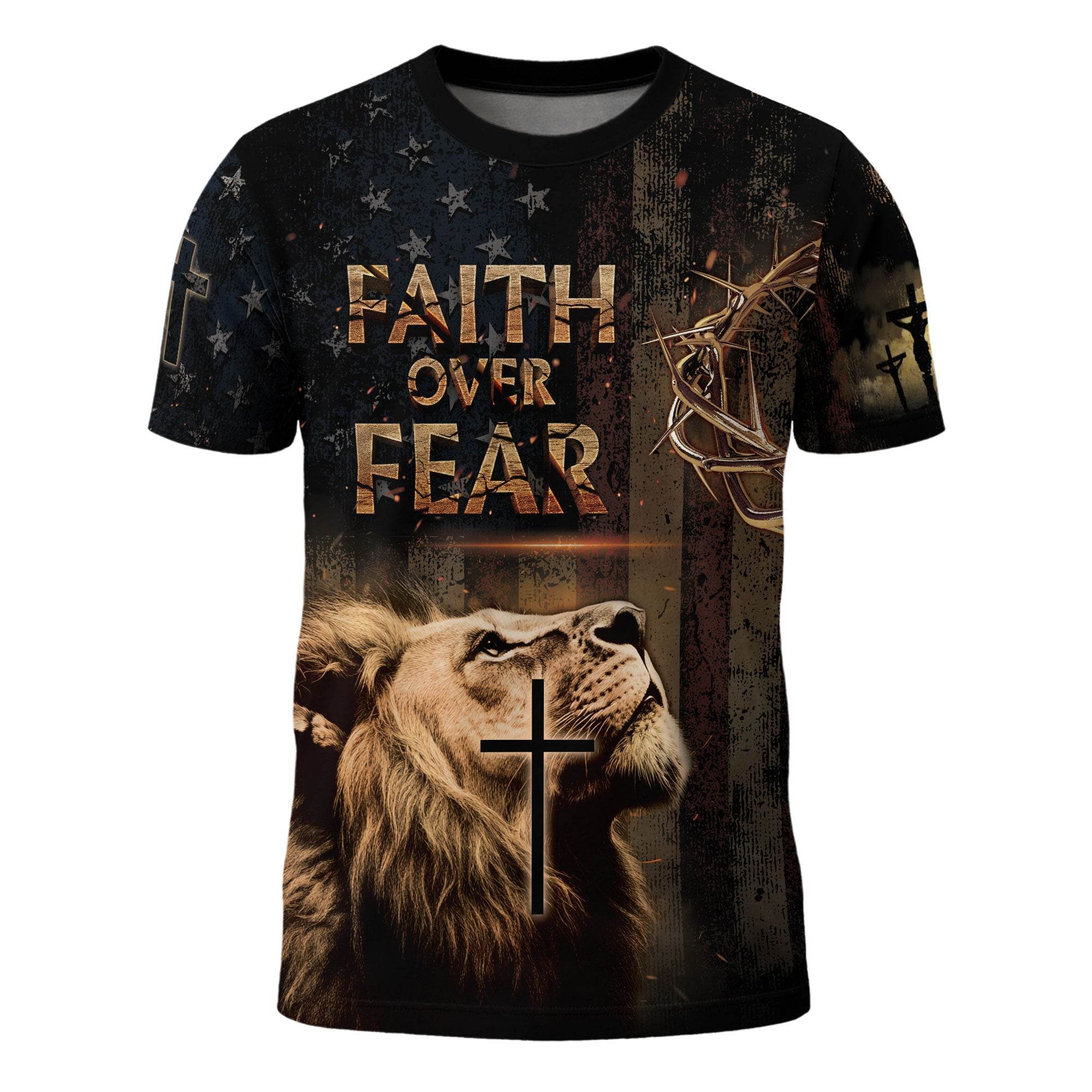 Faith Over Fear | Rugged Cross & Warrior Lion Patriotic Tee - Rust Field Wear