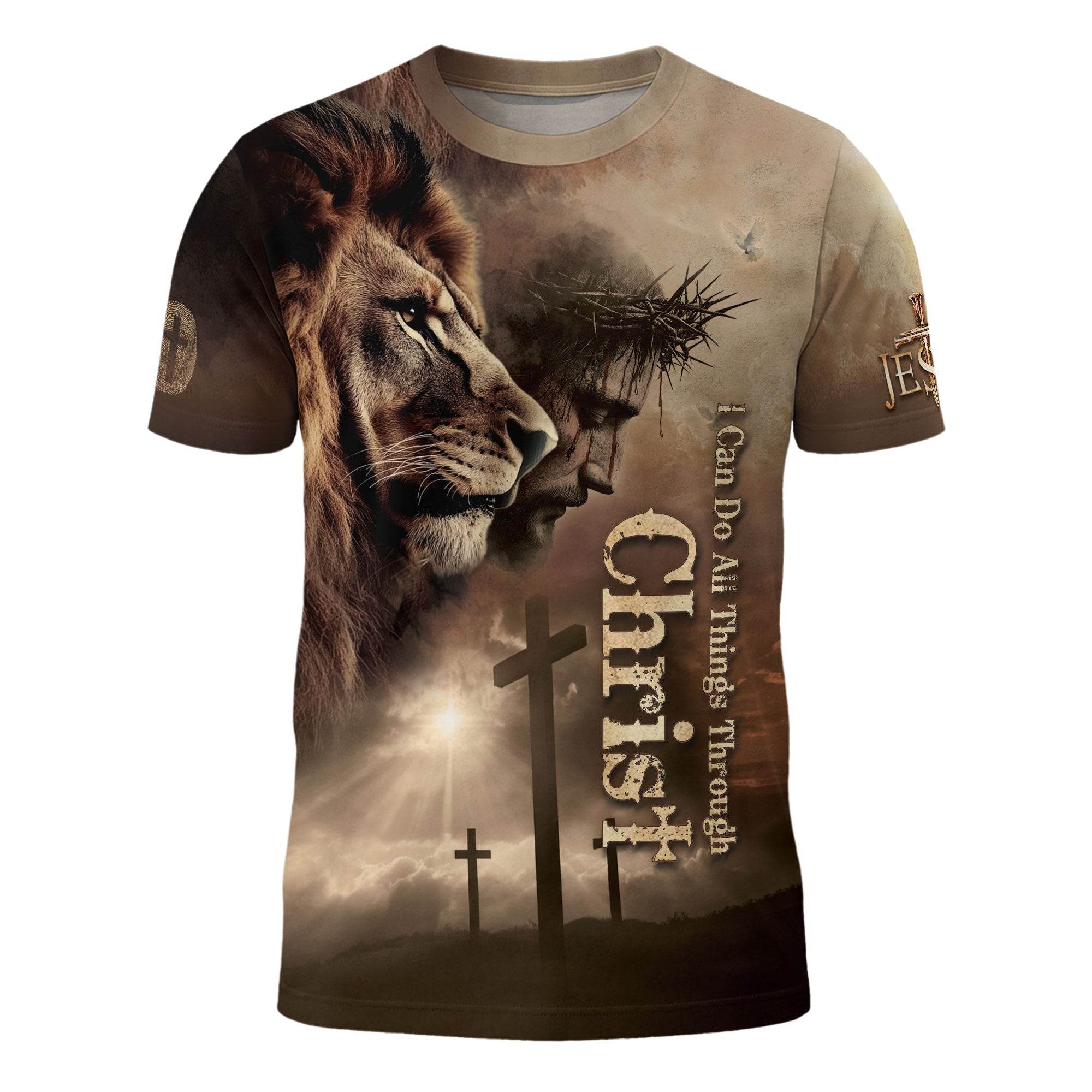 Through Christ I Stand | Lion & Cross Faith Design T-Shirt - Rust Field Wear