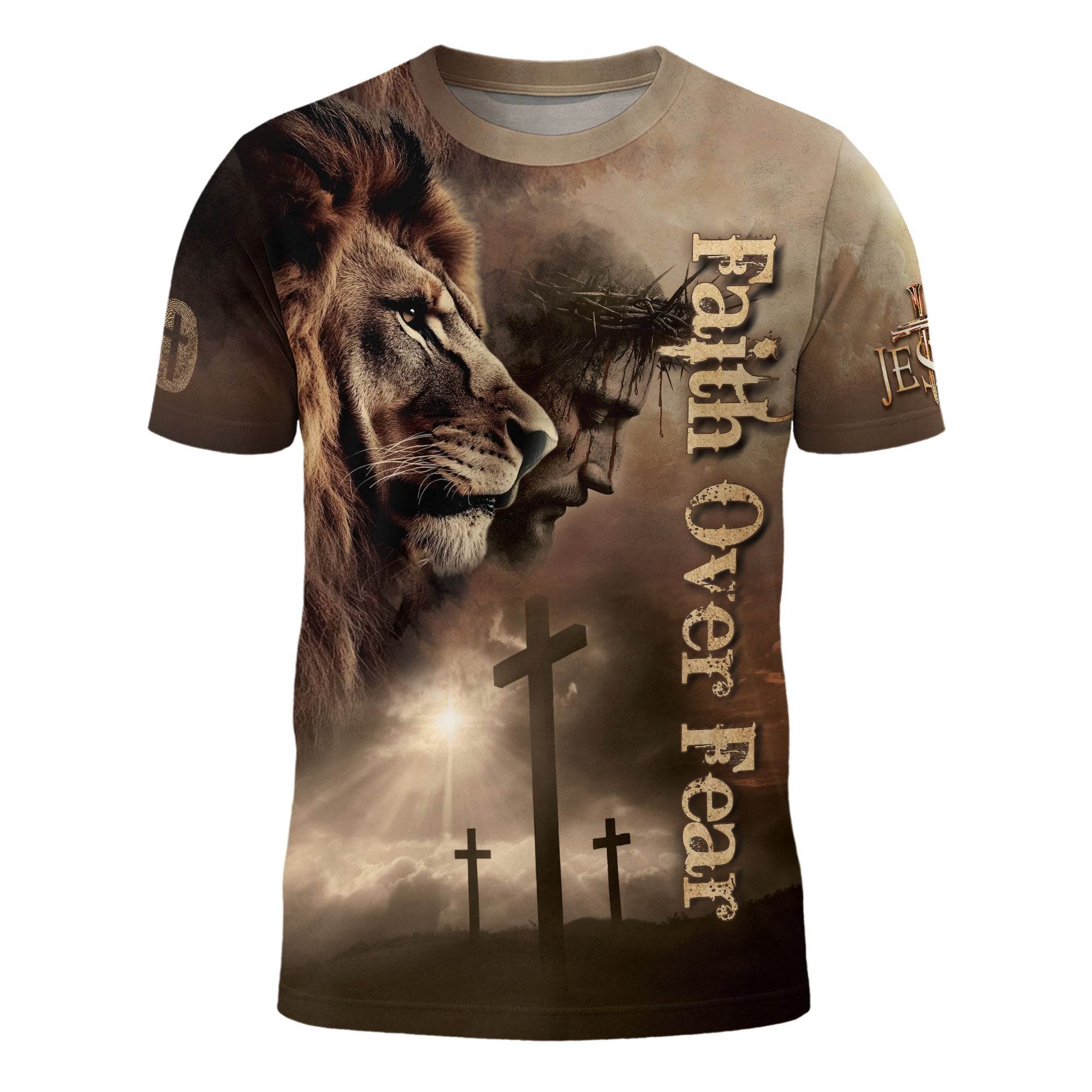 Faith Over Fear | Jesus, Lion & Cross Inspirational T-Shirt - Rust Field Wear