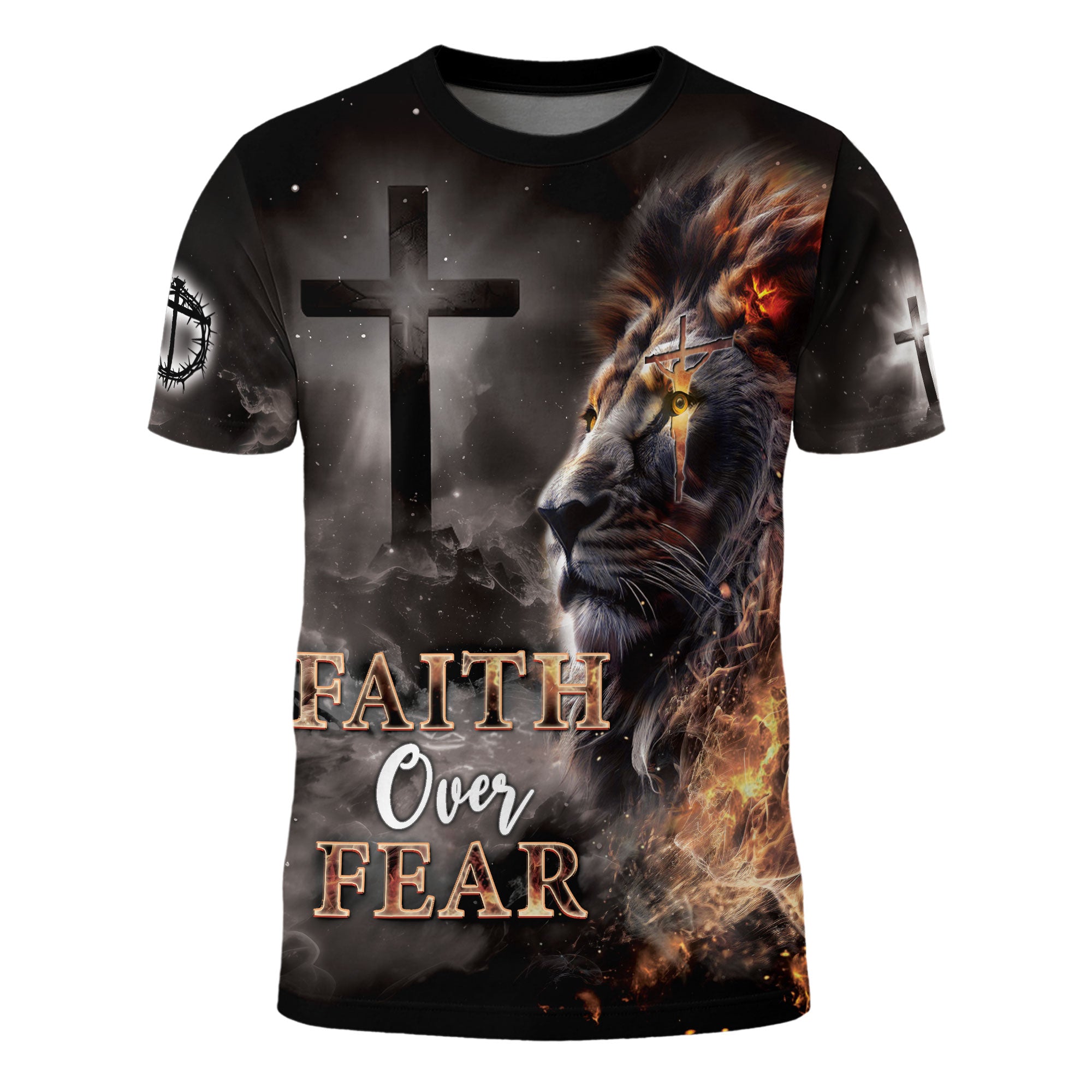 Faith Over Fear T-Shirt – Lion and Cross Full Print Design