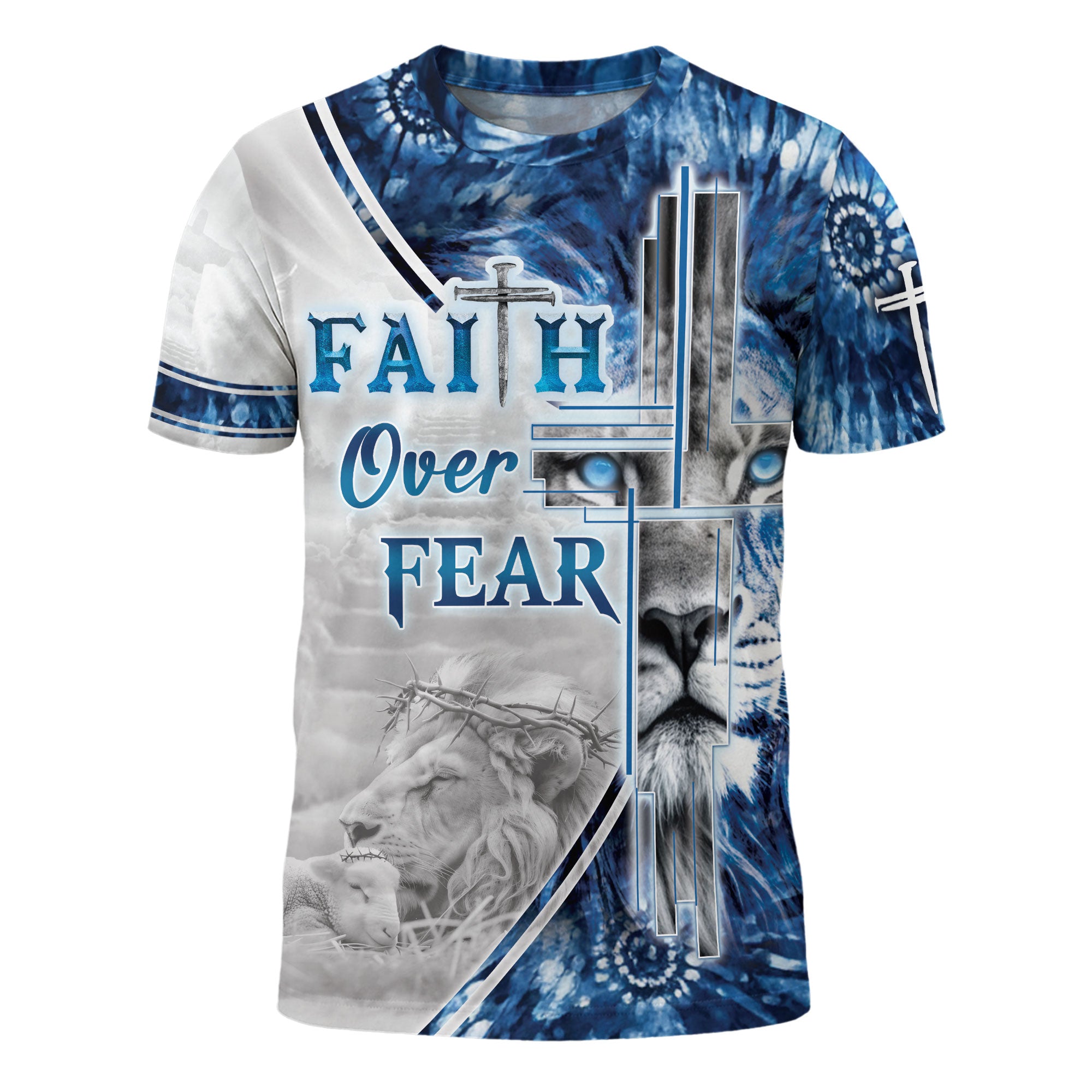 Faith Over Fear & Jesus Lion Cross T-Shirt – Christian Courage in Blue