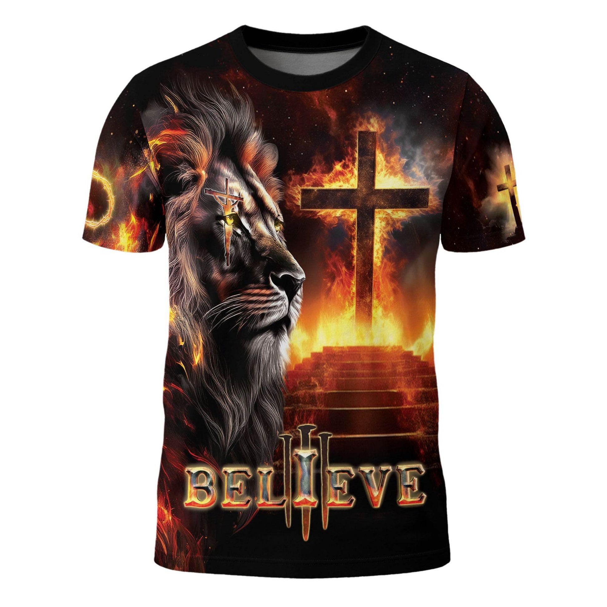 Believe In The Lion Of Judah And The Glowing Cross T-Shirt - Rust Field Wear