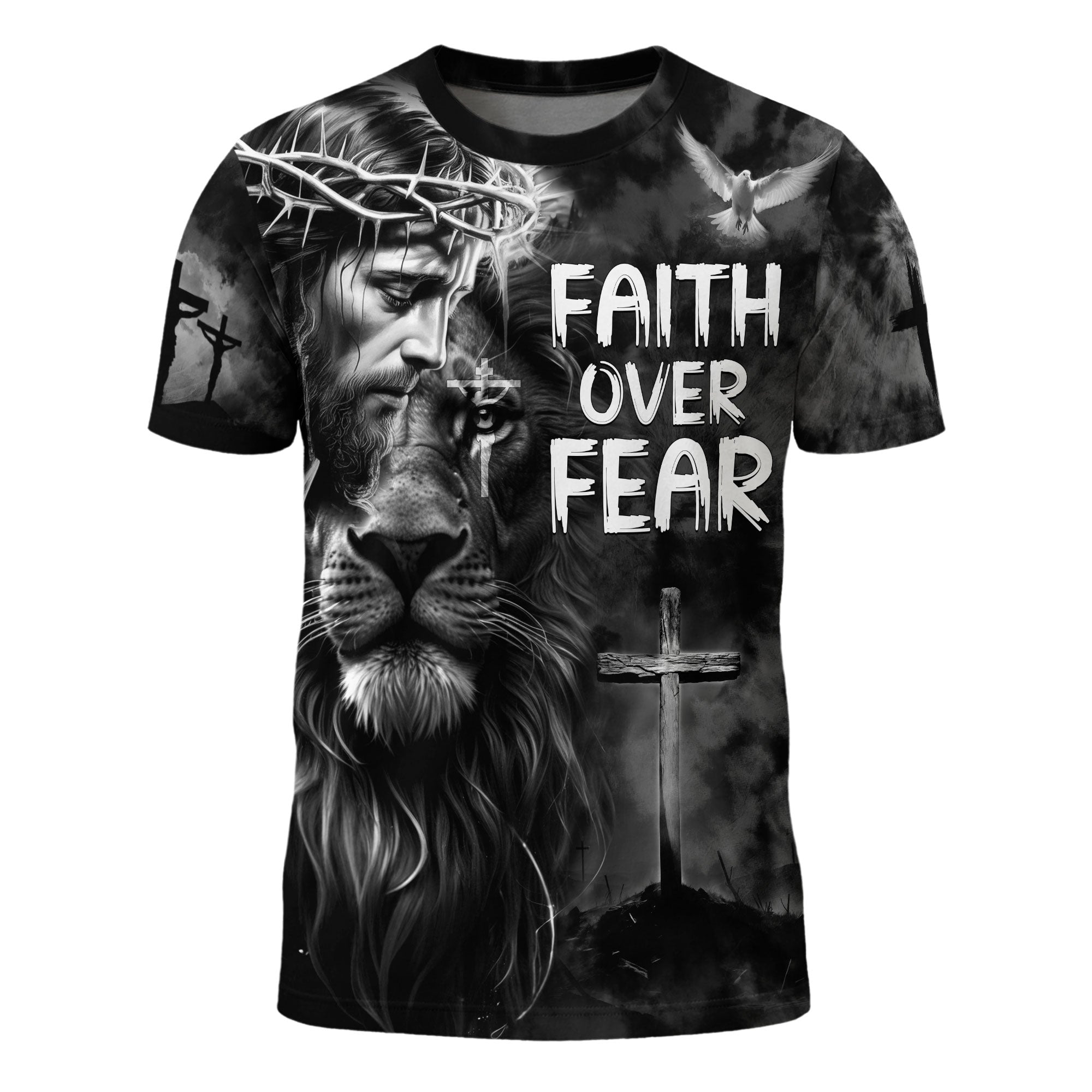 Faith Over Fear Jesus Lion of Judah Cross Christian T-Shirt