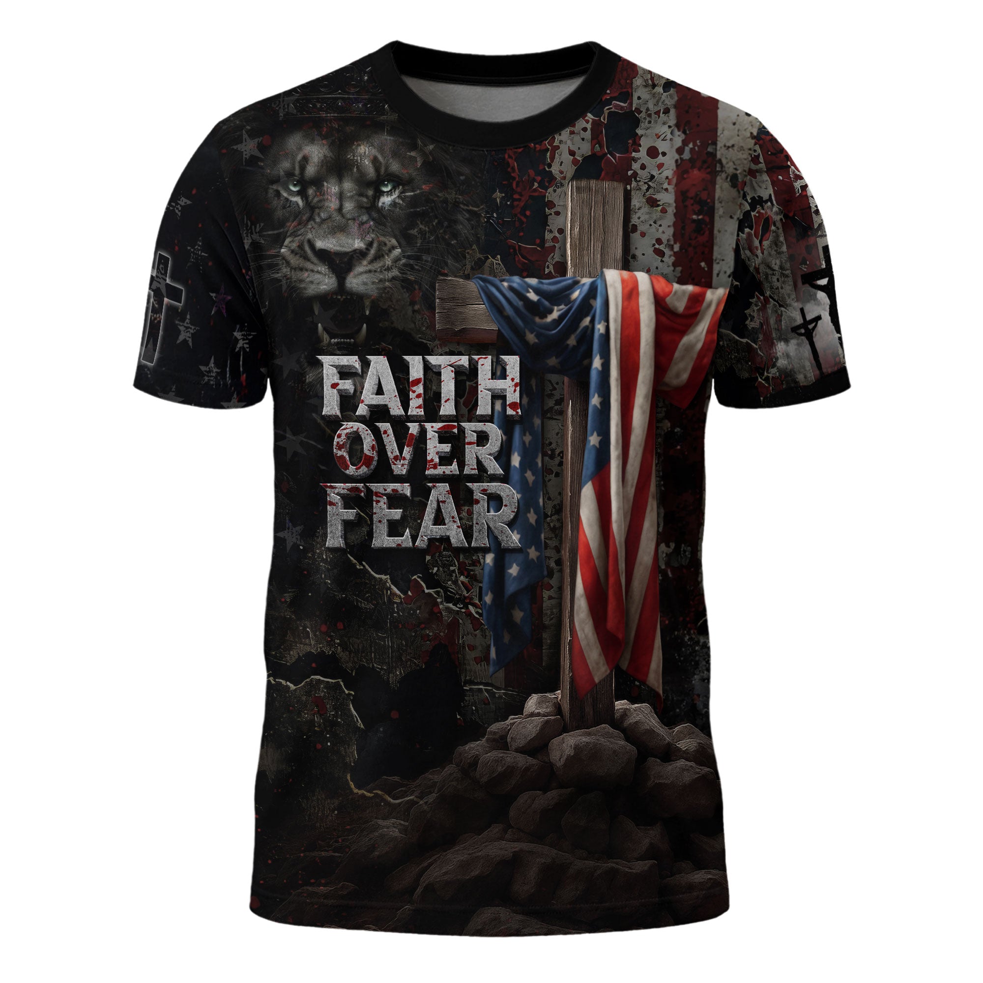 Faith Over Fear American Flag Cross Jesus Lion Of Judah Christian Patriotic T-Shirt