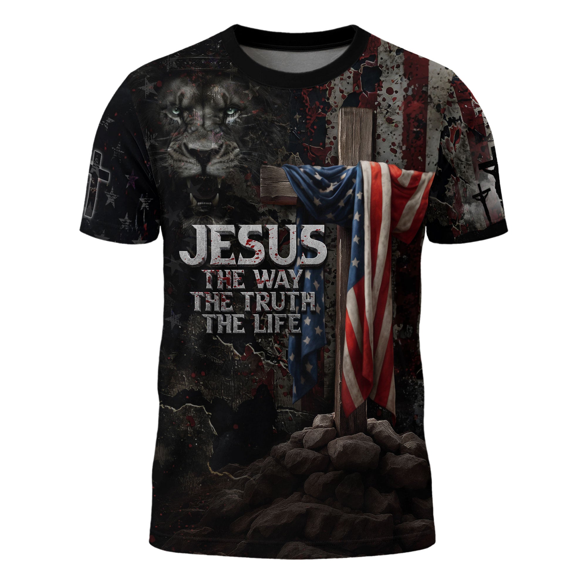 Jesus The Way The Truth The Life American Flag Cross Lion Christian T-Shirt