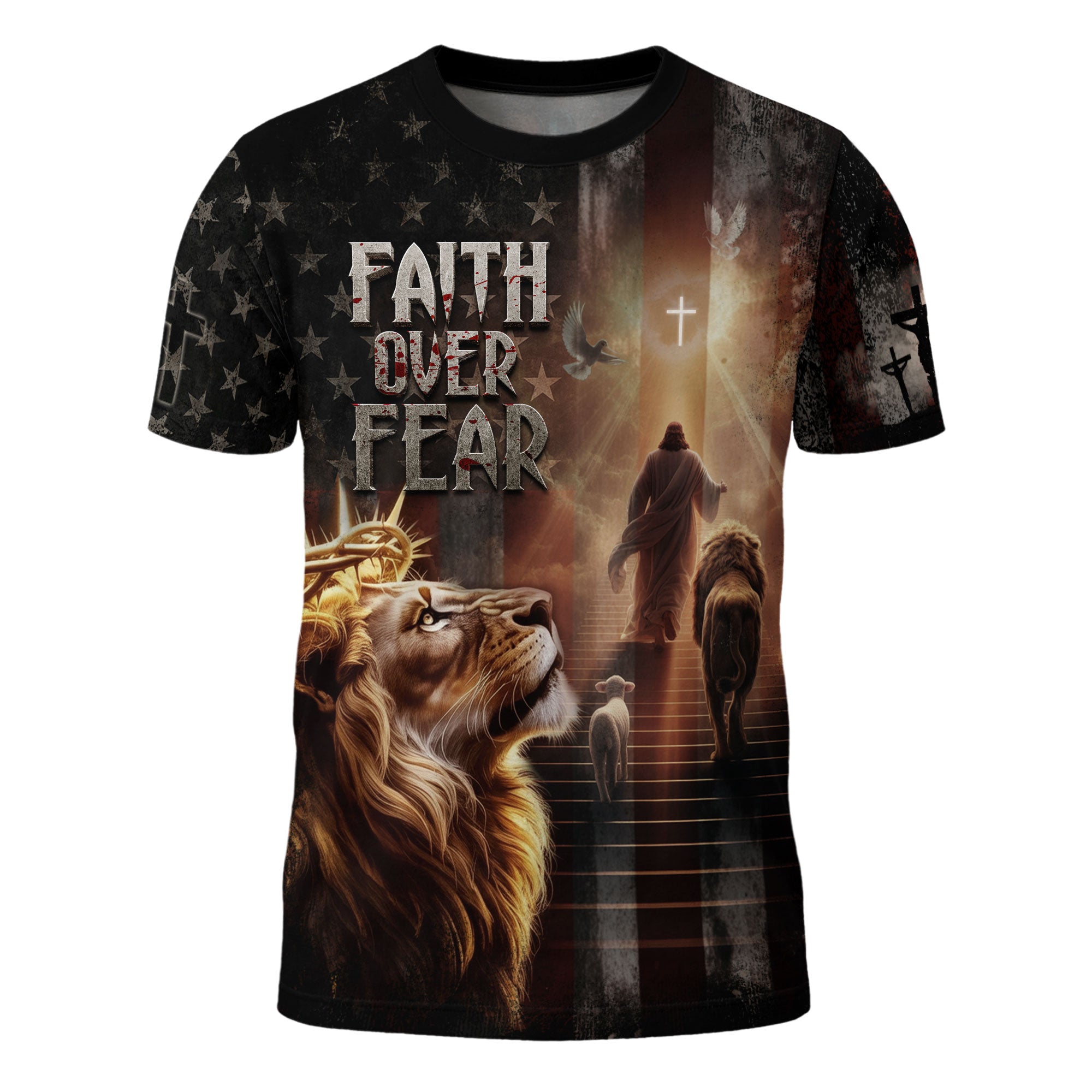 Faith Over Fear Lion of Judah Jesus American Flag Christian T-Shirt