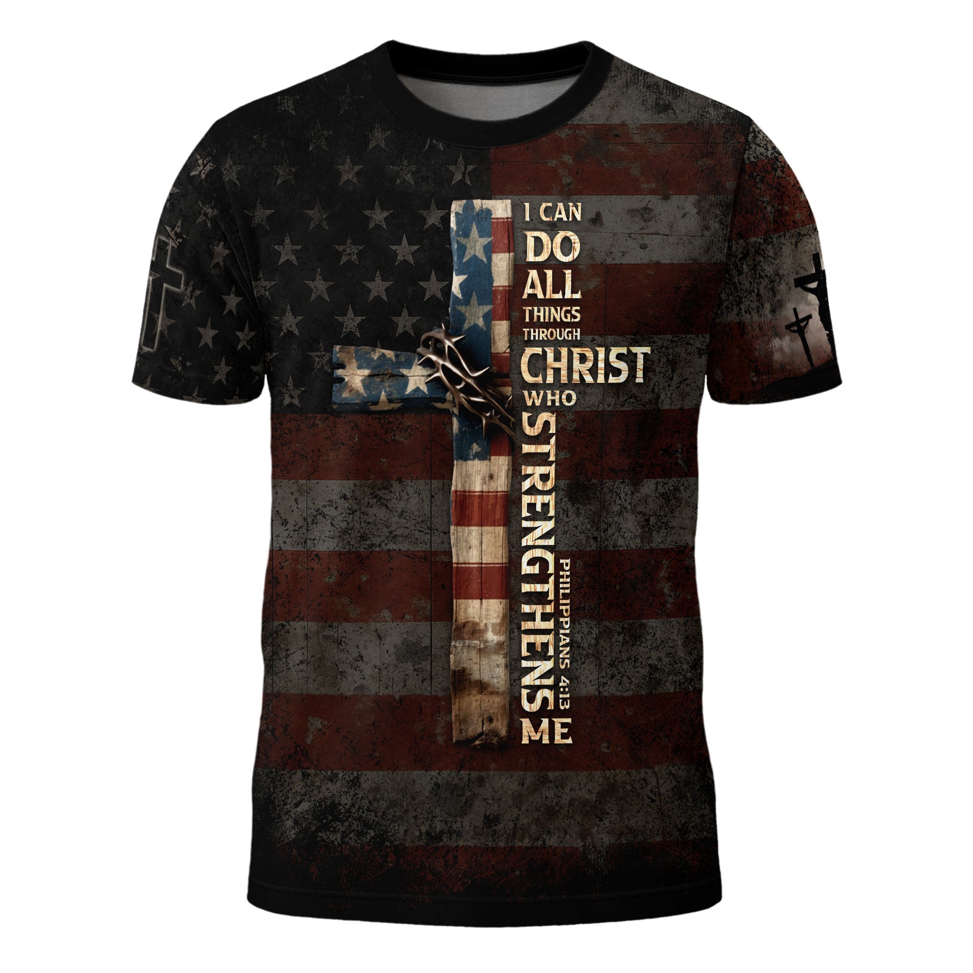 I Can Do All Things Through Christ Cross American Flag Jesus Lion T-Shirt