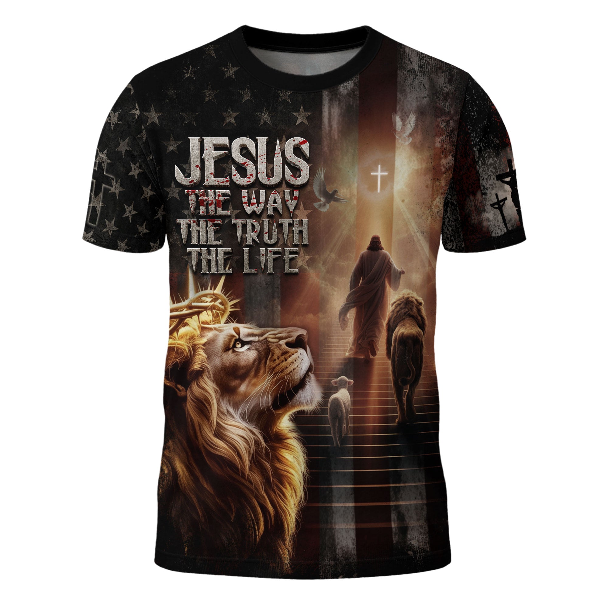 Jesus The Way The Truth The Life Lion of Judah American Flag Christian T-Shirt