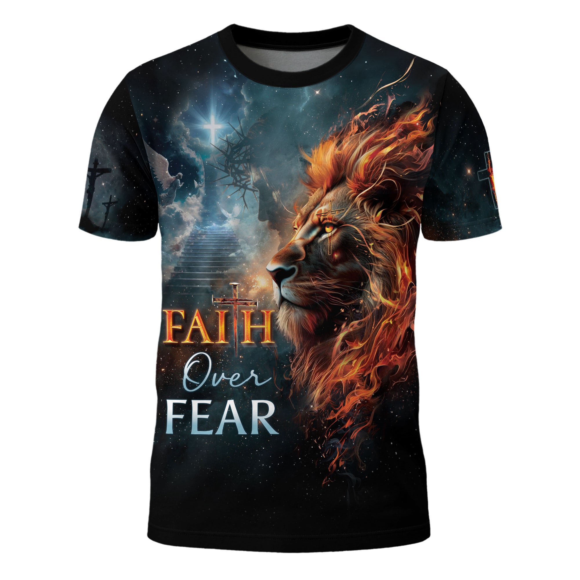 Faith Over Fear Christian T-Shirt Lion Cross Fire Galaxy Design