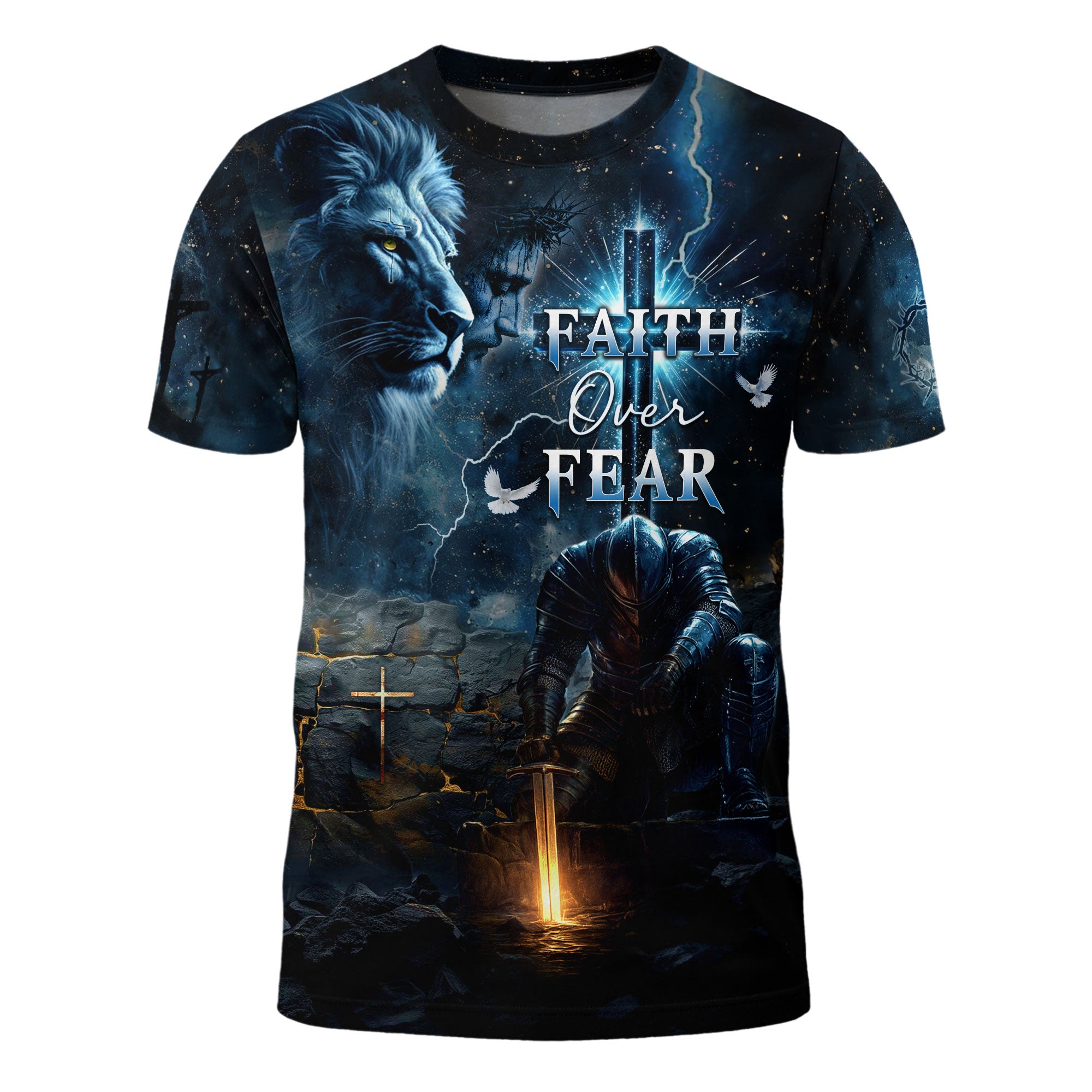 Faith Over Fear Christian T-Shirt Lion Cross Warrior Blue Night Design
