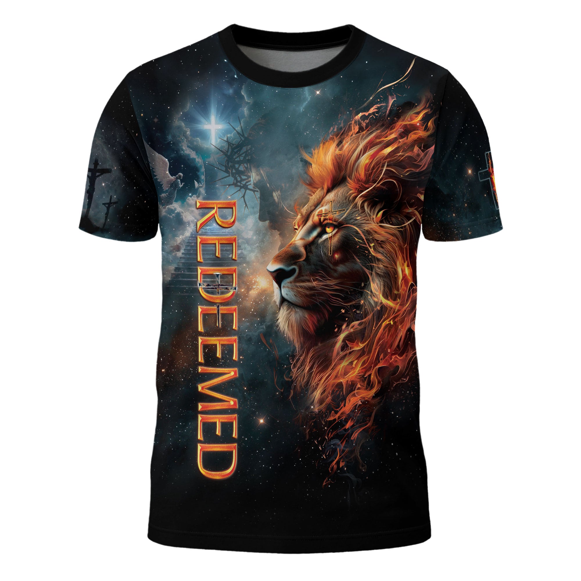 Redeemed Christian T-Shirt Lion Cross Fire Galaxy Design