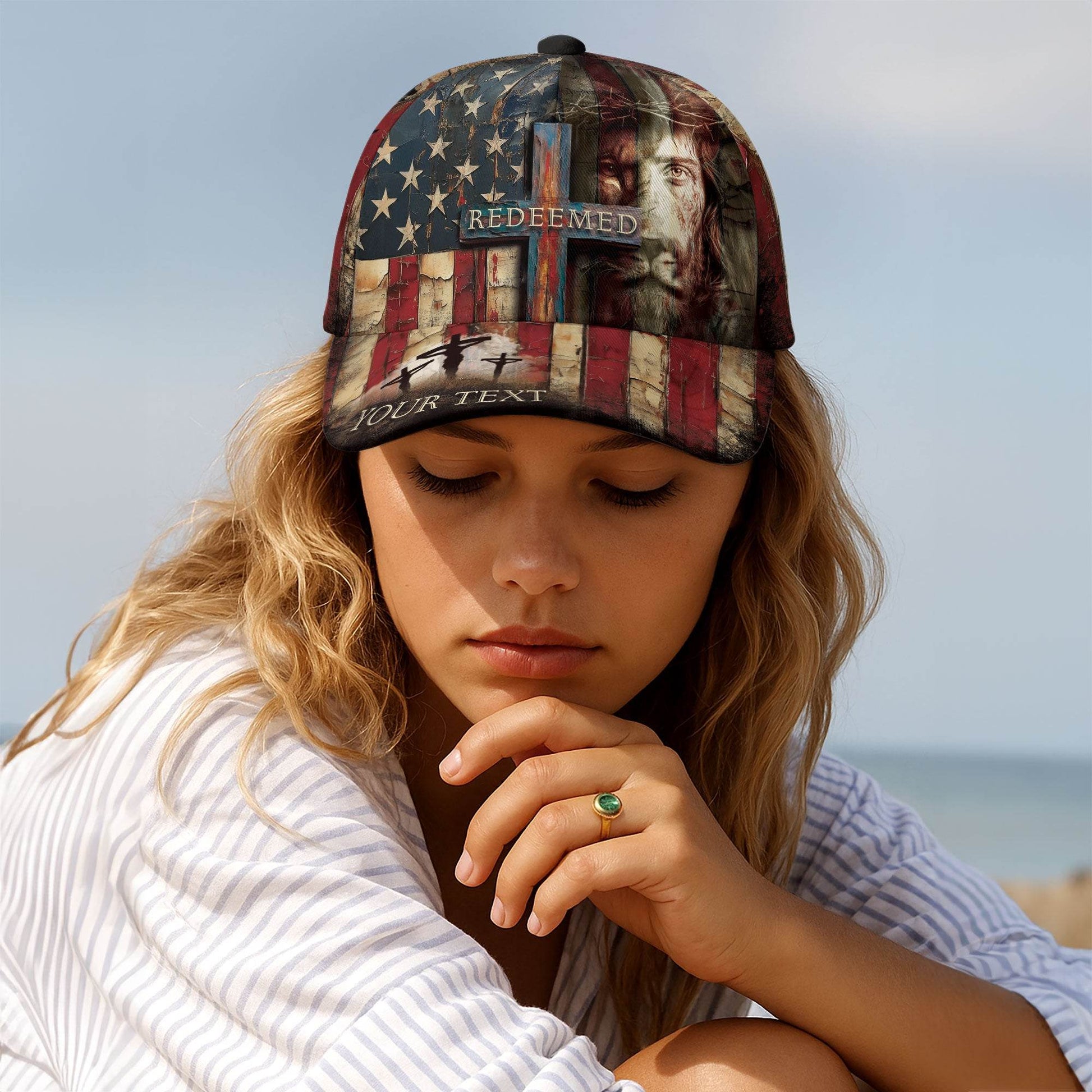 REDEEMED Christian Flag Cap – Jesus Face & Cross Patriotic Personalized Hat - Rust Field Wear