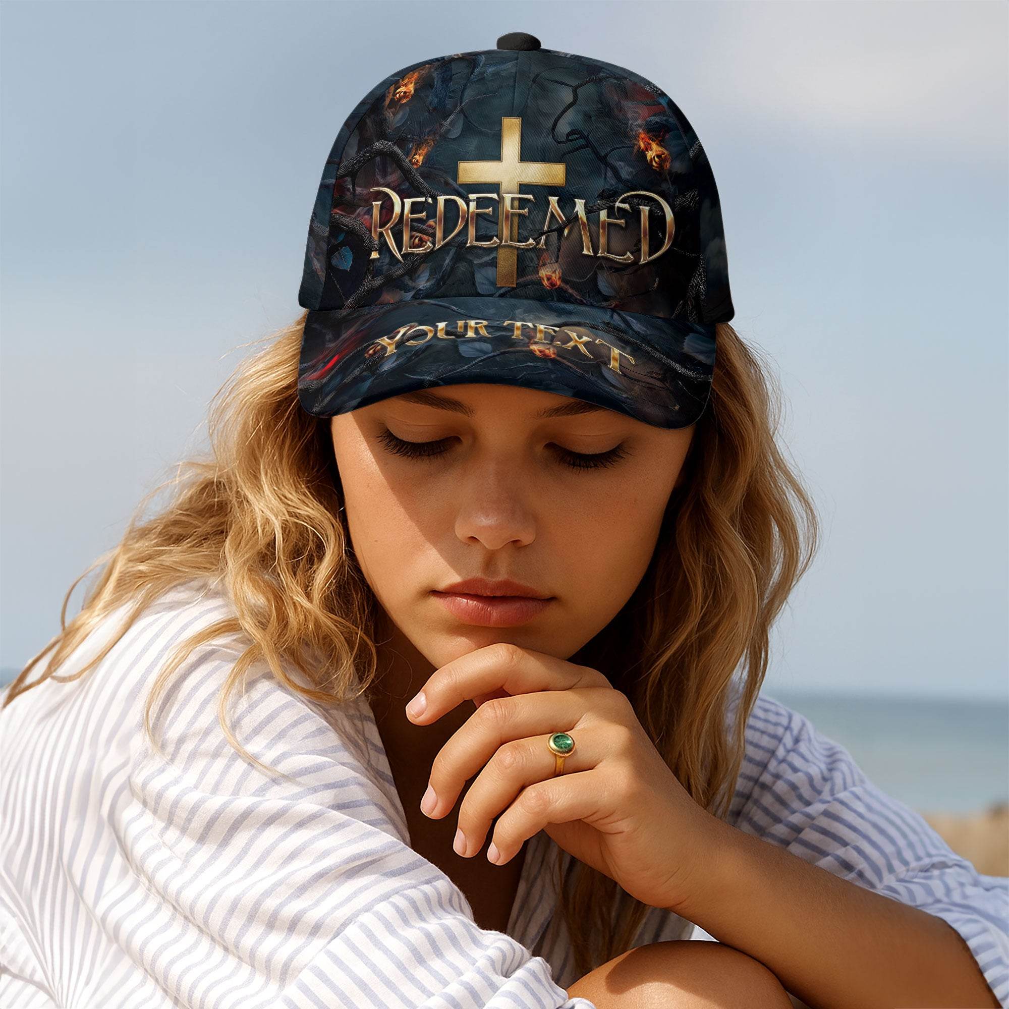 REDEEMED Cross Fire Cap – Bold Christian Statement Hat (Custom Text) - Rust Field Wear