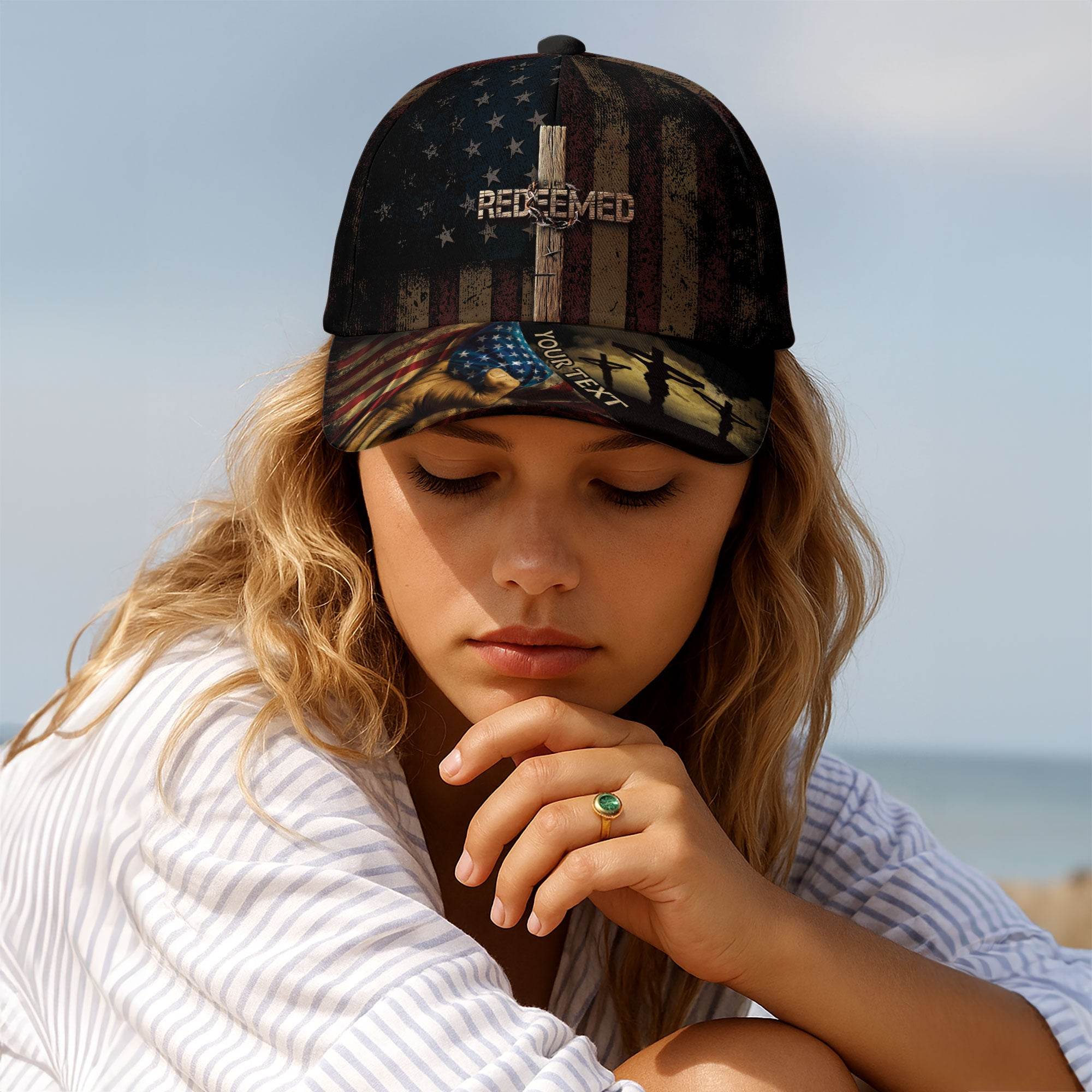 REDEEMED American Flag Cross Cap – Personalized Christian Hat - Rust Field Wear