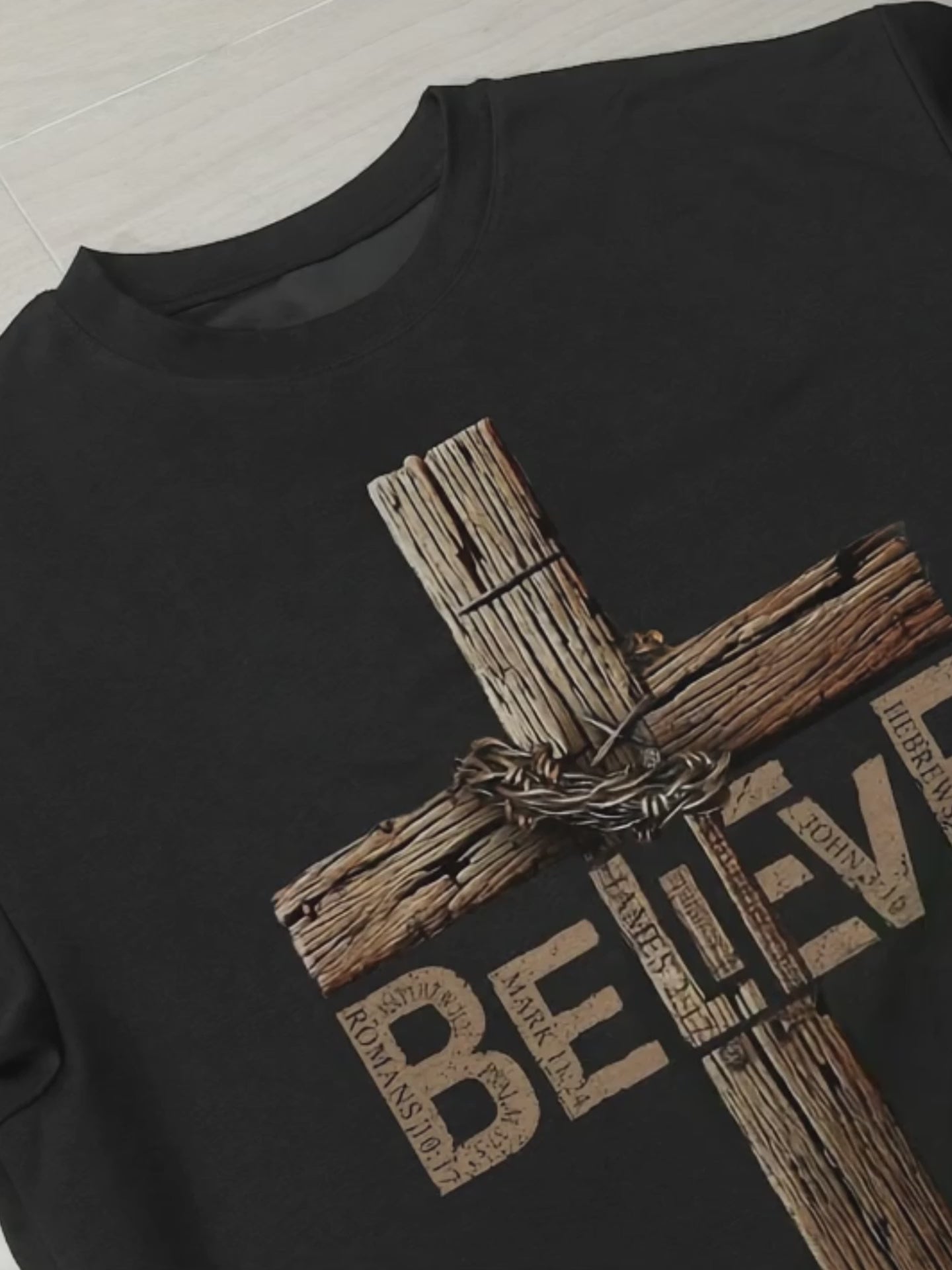 Load video: Believe In The Cross – Rustic Wood Christian T-shirt