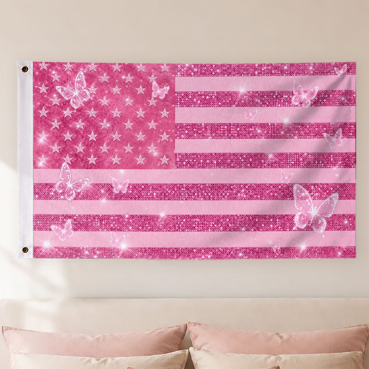 Custom American Photo Flag Pink Glitter American Flag Personalised Butterfly USA Banner