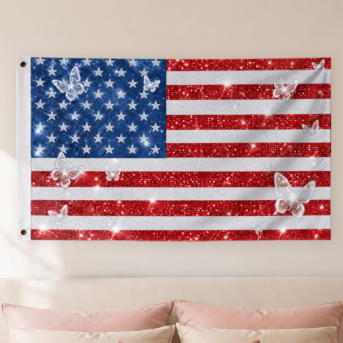 Custom American Photo Flag Pink Glitter American Flag Personalised Butterfly USA Banner
