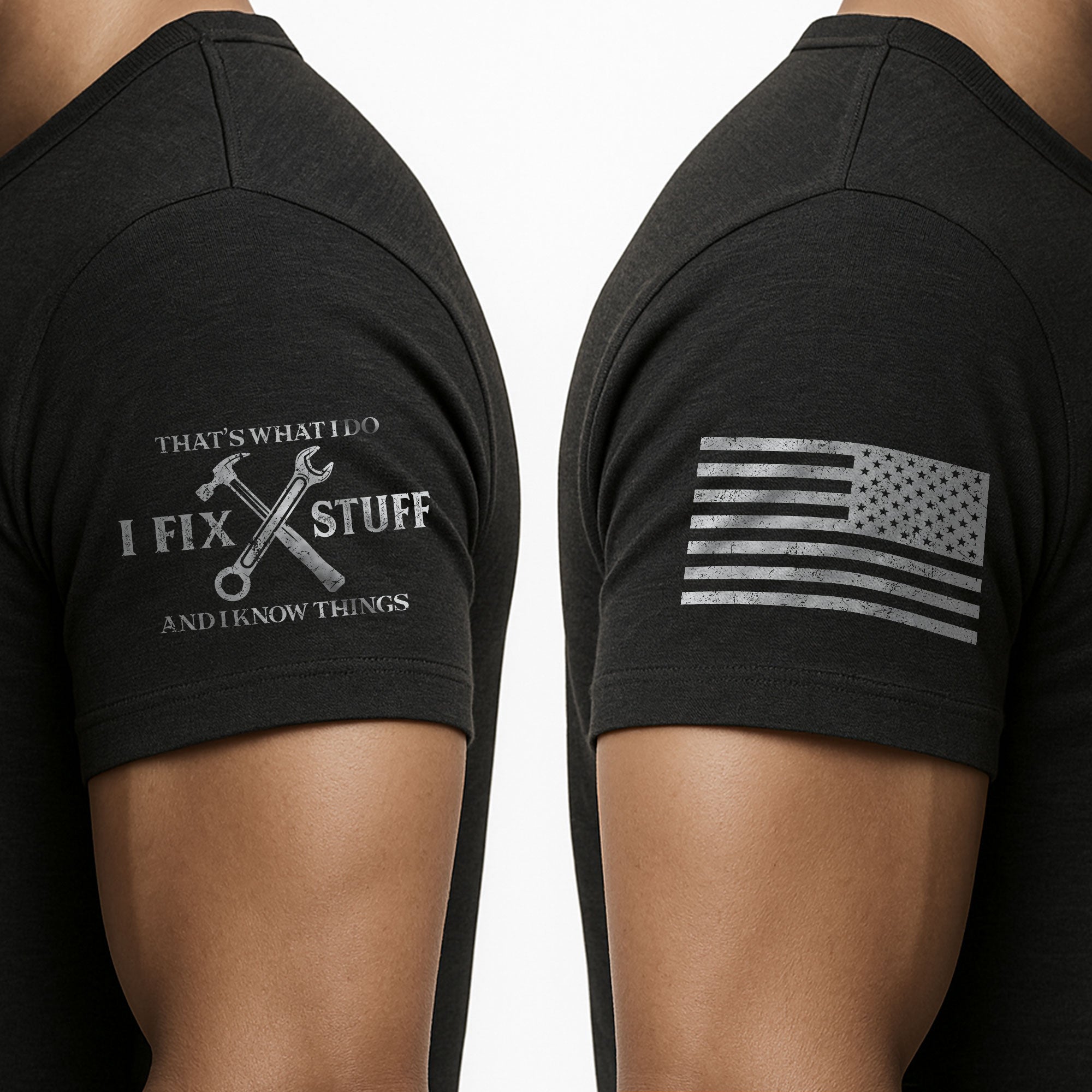 Graphic Shirt Men I Fix Stuff And I Know Things Label Quote T-Shirt Sleeve Details