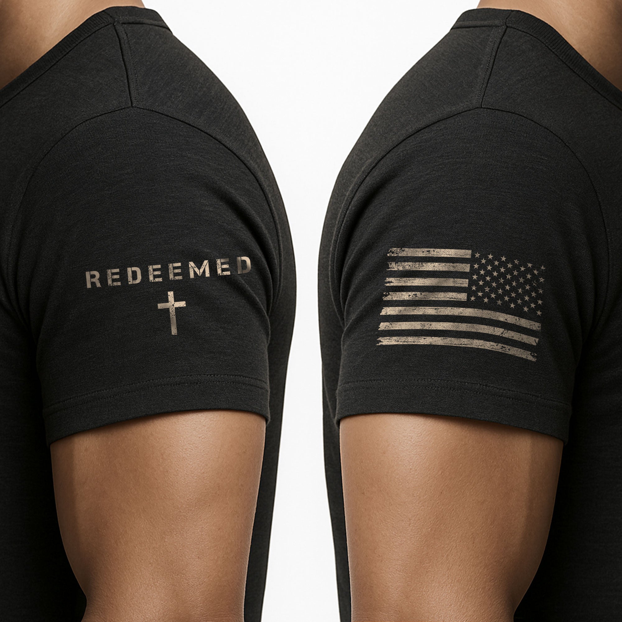 Redeemed by Christ American Flag Cross - Christian Shirts for Men, Faith Based Christian Tee Shirts - Rust Field Wear