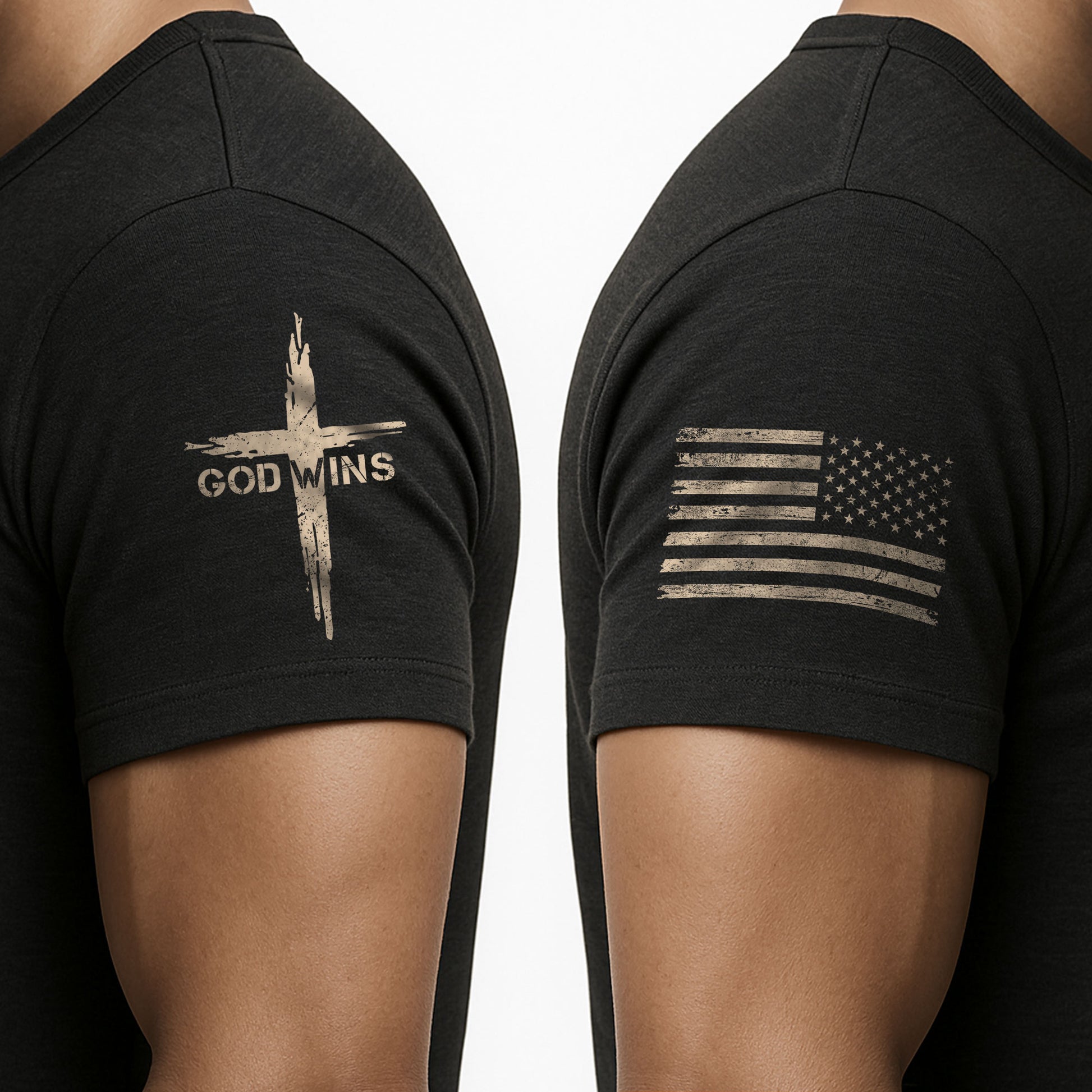 Faith Based Christian Tee Shirts, Victory in Christ God Wins Cross Design - Christian Shirts for Men - Rust Field Wear