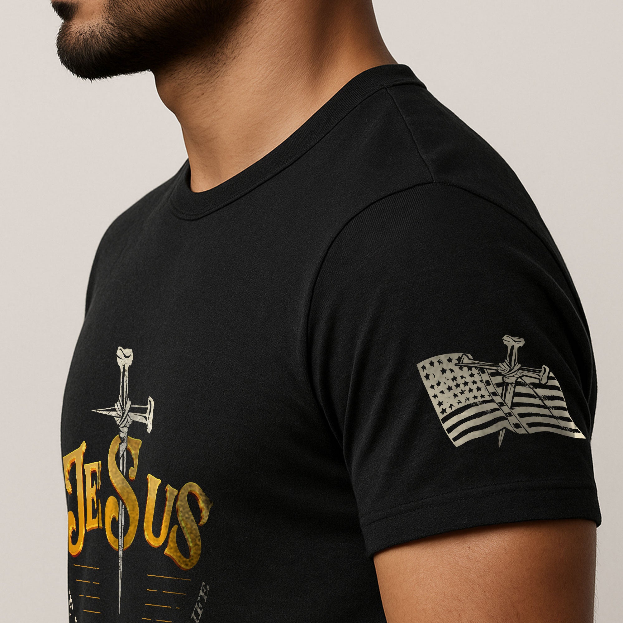 Faith Based Christian Tee Shirts, Forged in Faith JESUS Sword Bold - Christian Shirts for Men - Rust Field Wear